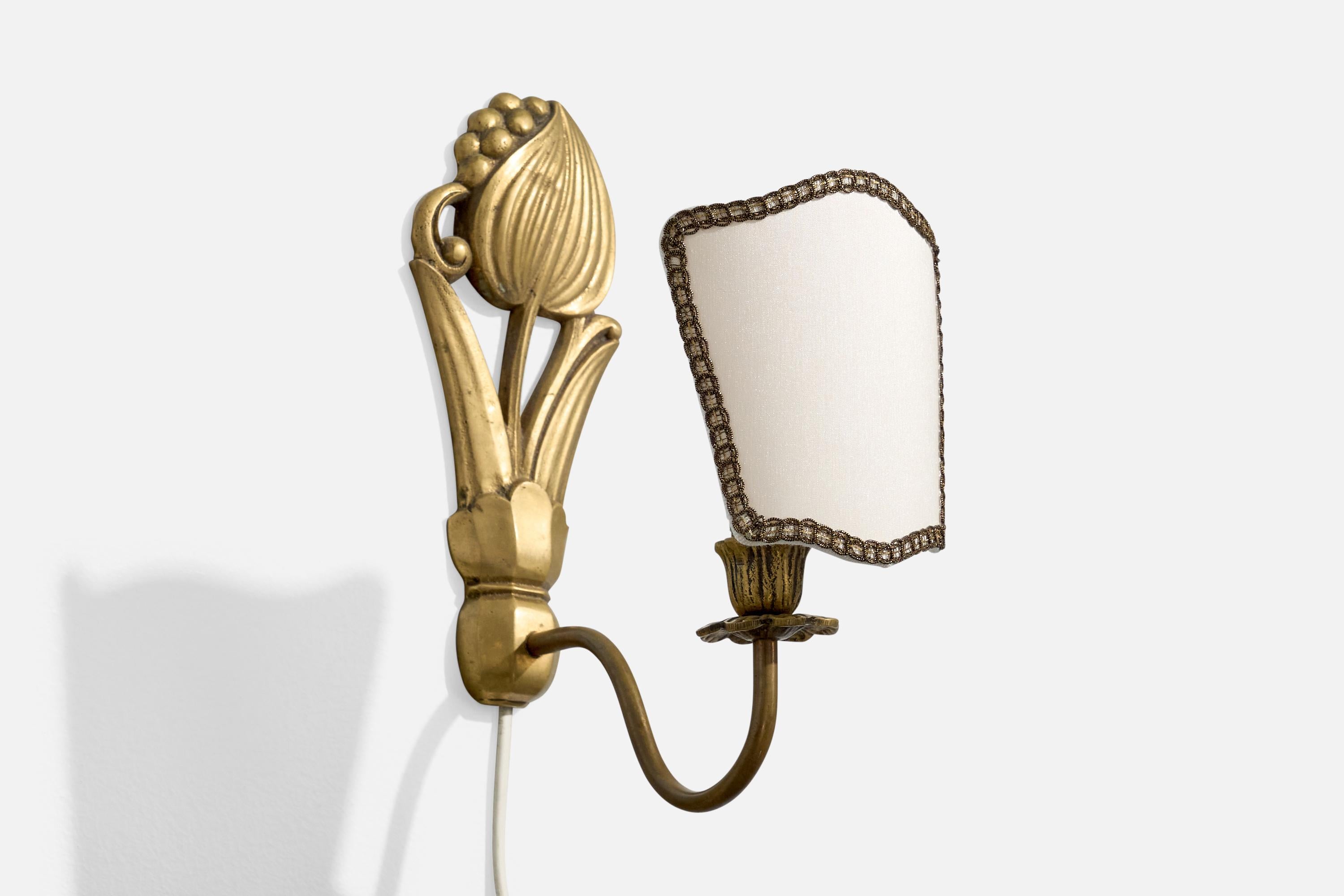 Mid-20th Century French Designer, Wall Lights, Brass, Fabric, France, 1950s For Sale