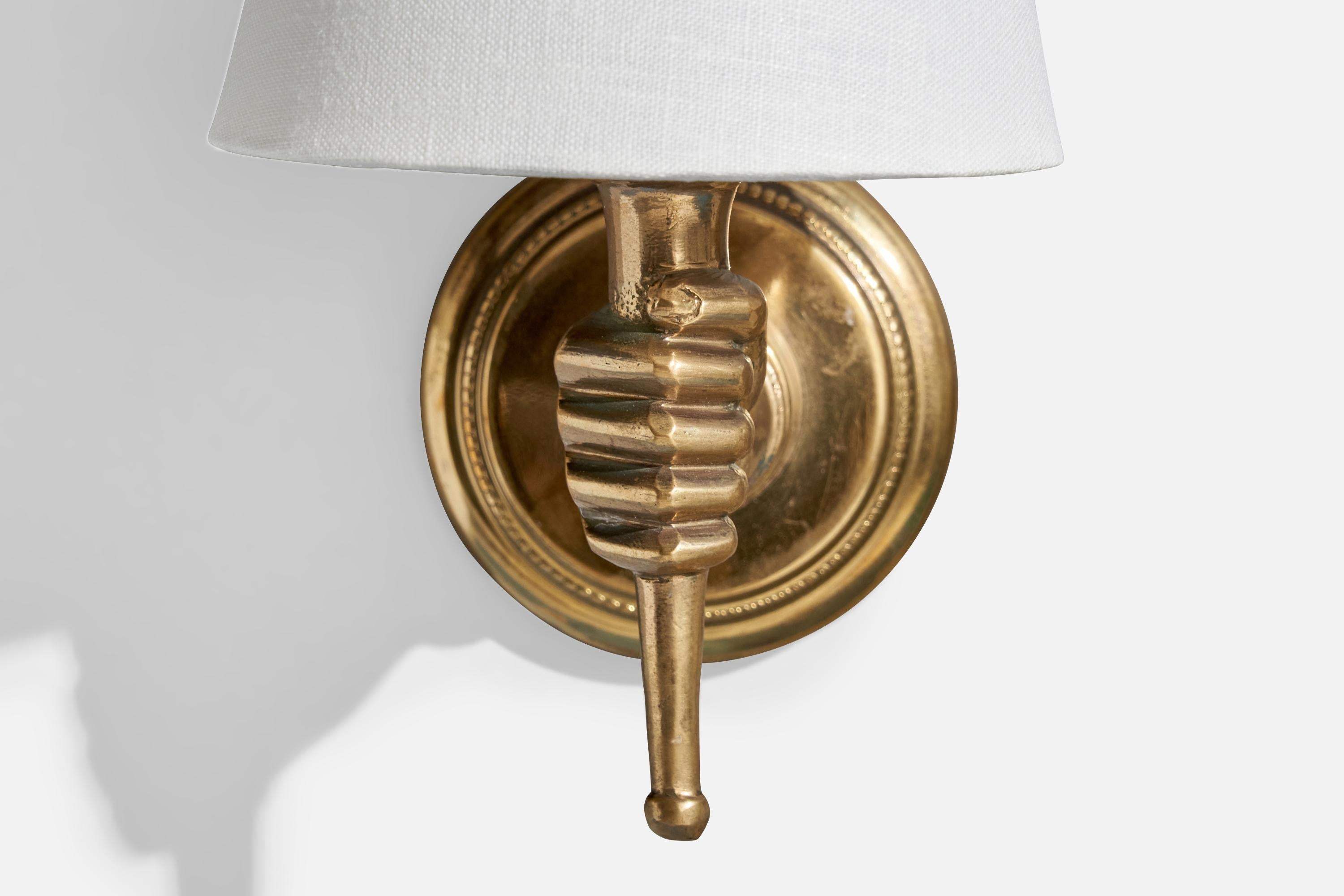 Mid-20th Century French Designer, Wall Lights, Brass, Fabric, France, 1950s