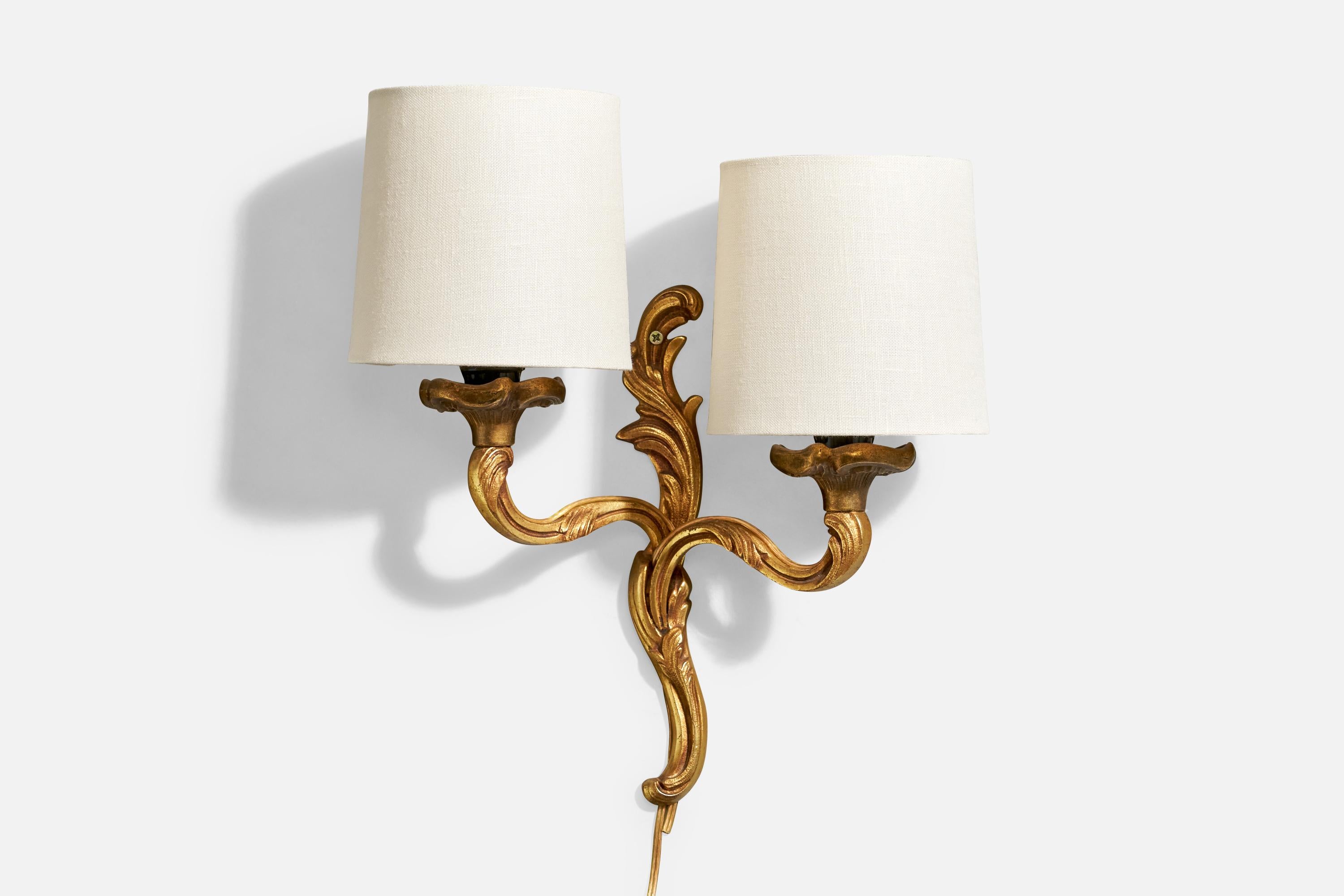 French Designer, Wall Lights, Brass, Fabric, France, 1950s For Sale 1