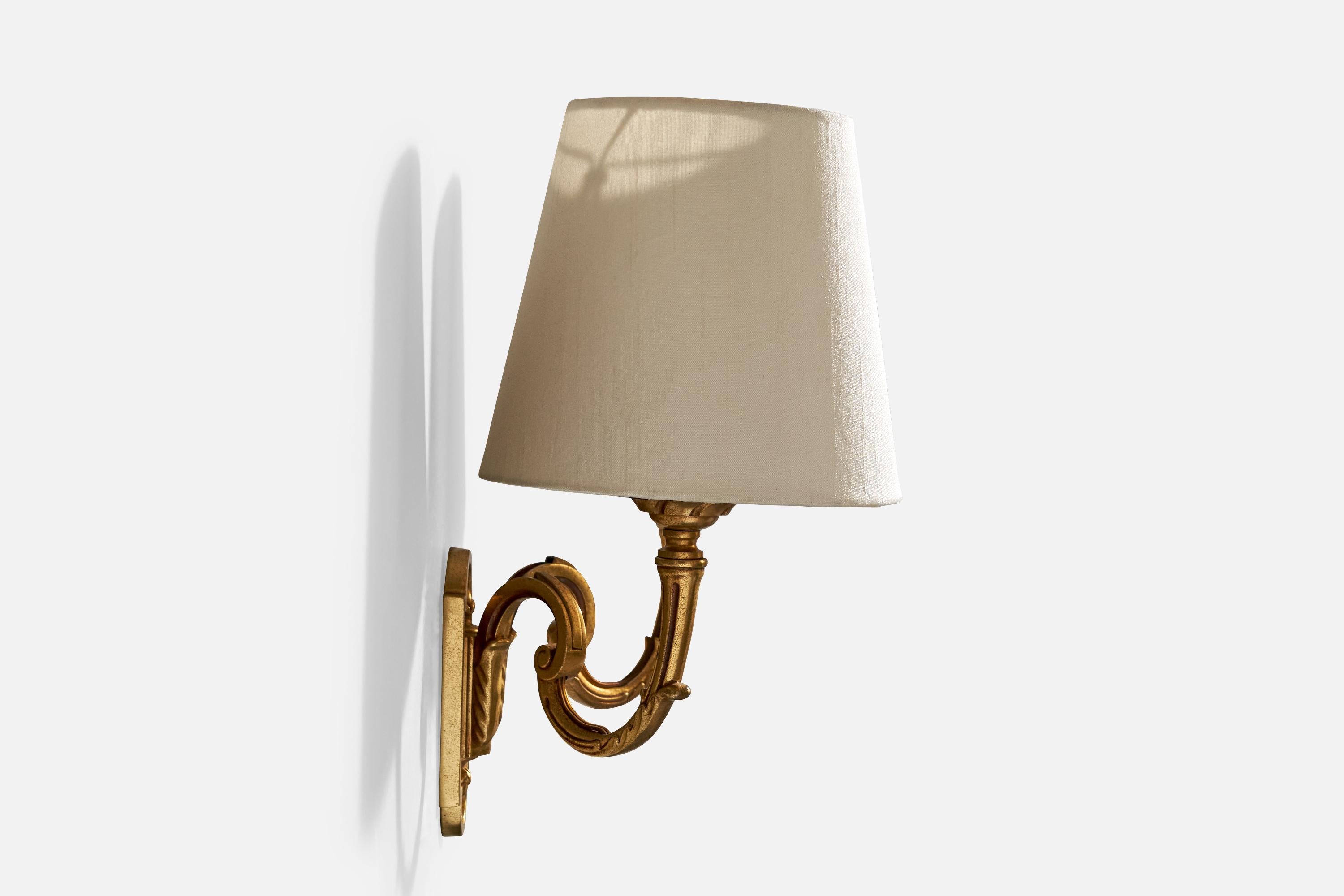 French Designer, Wall Lights, Brass, Fabric, France, 1950s For Sale 1