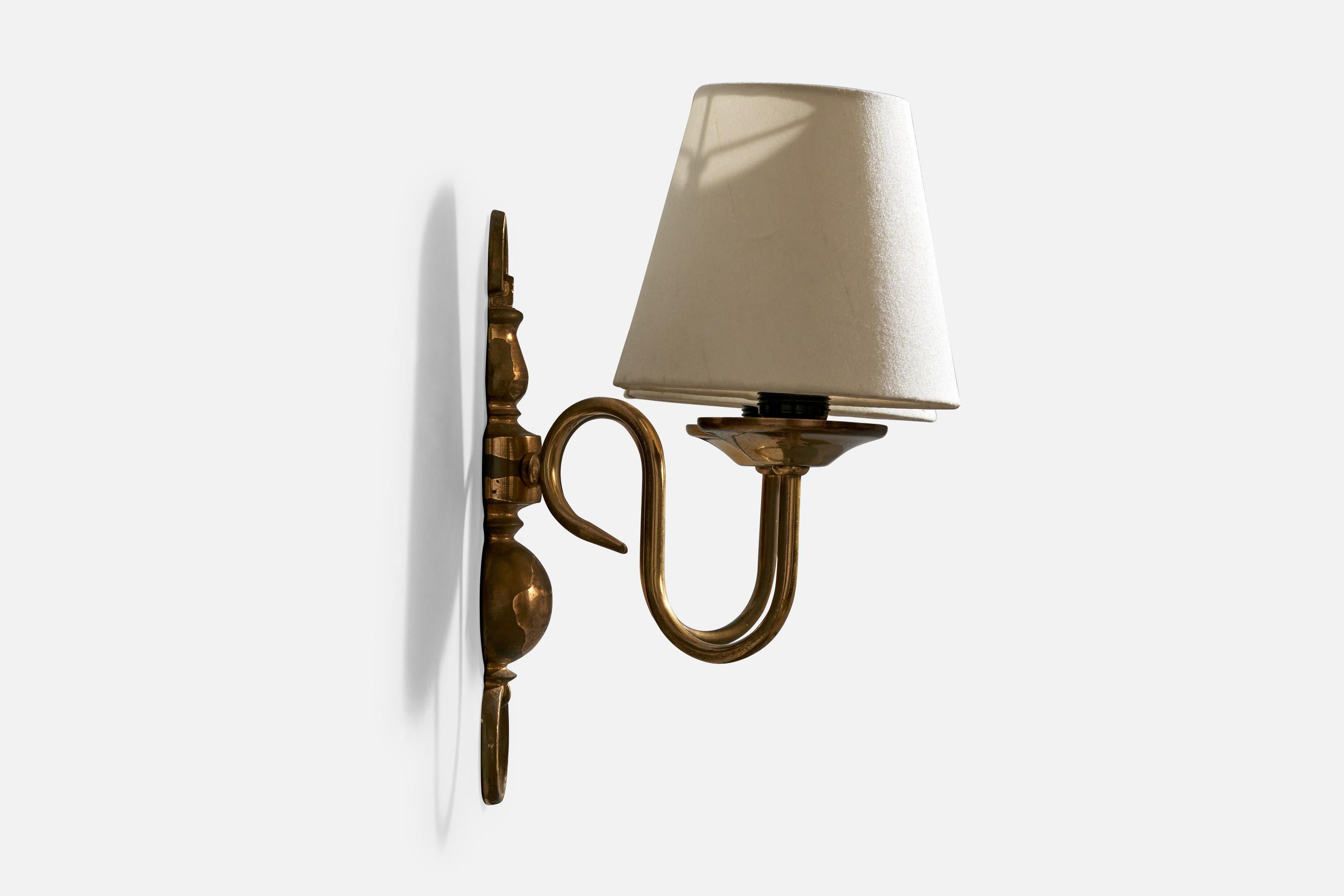 French Designer, Wall Lights, Brass, Fabric, France, 1950s For Sale 1
