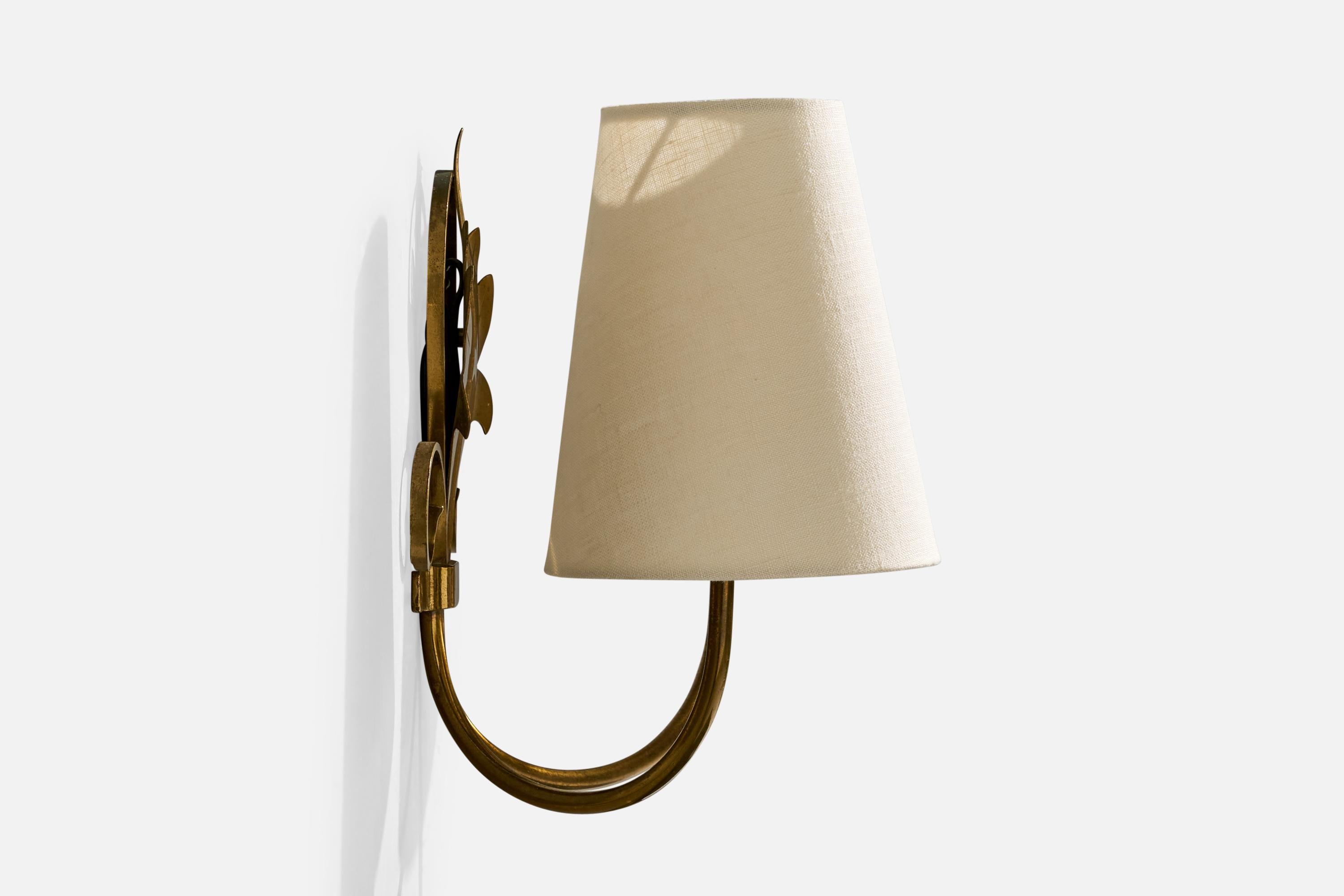 French Designer, Wall Lights, Brass, Fabric, France, 1950s For Sale 1