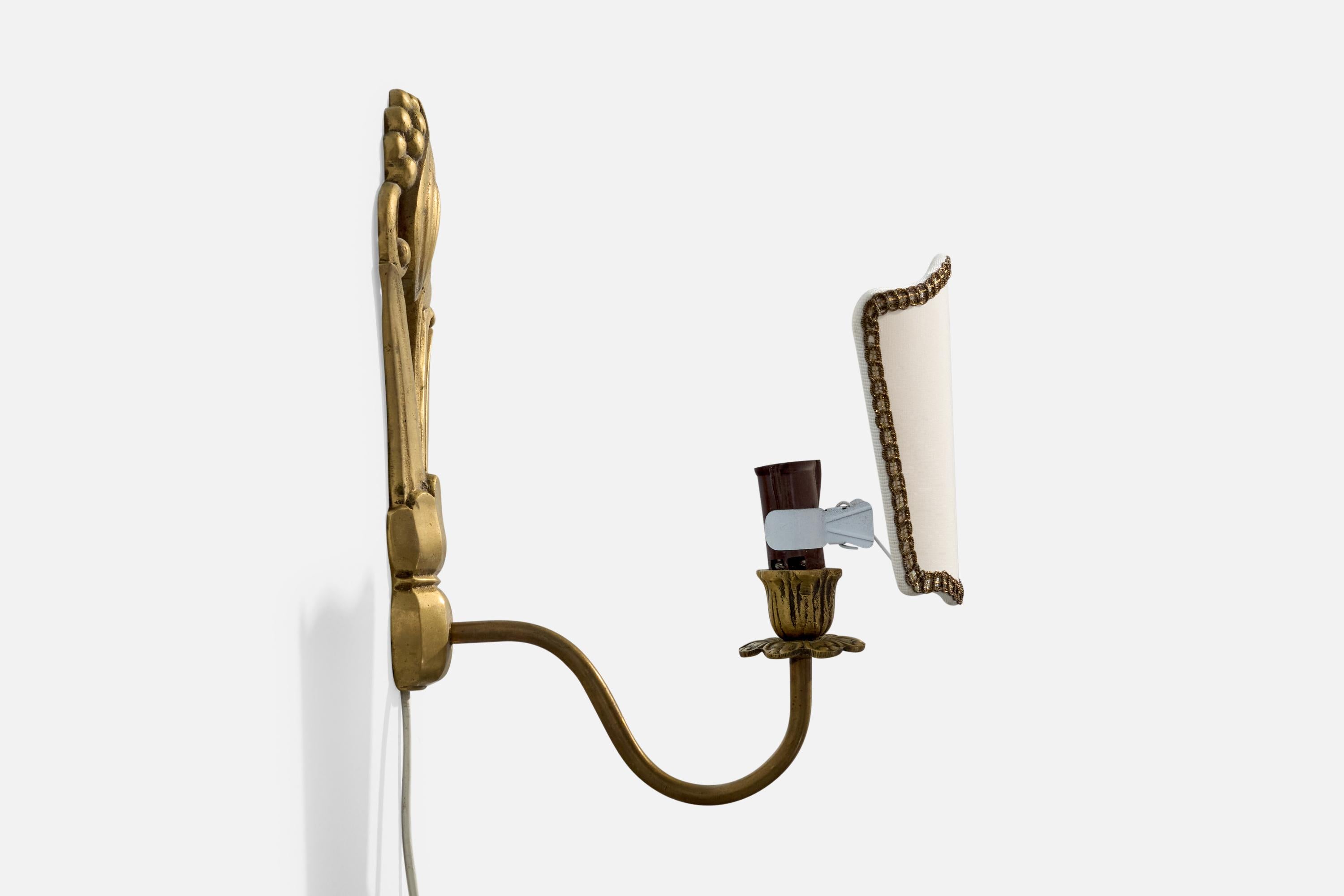French Designer, Wall Lights, Brass, Fabric, France, 1950s For Sale 1