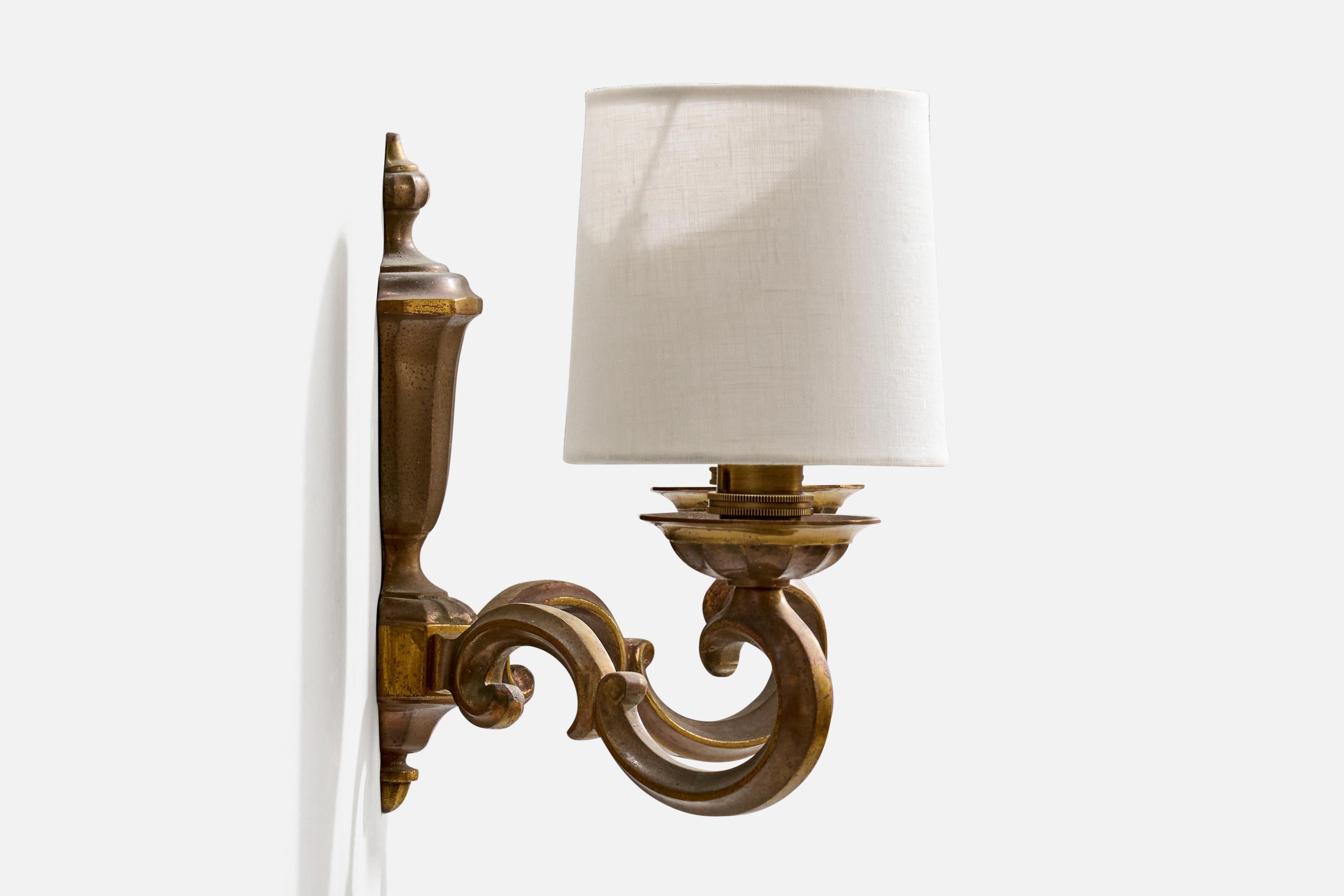 Mid-20th Century French Designer, Wall Lights, Brass, Fabric, France, 1950s For Sale