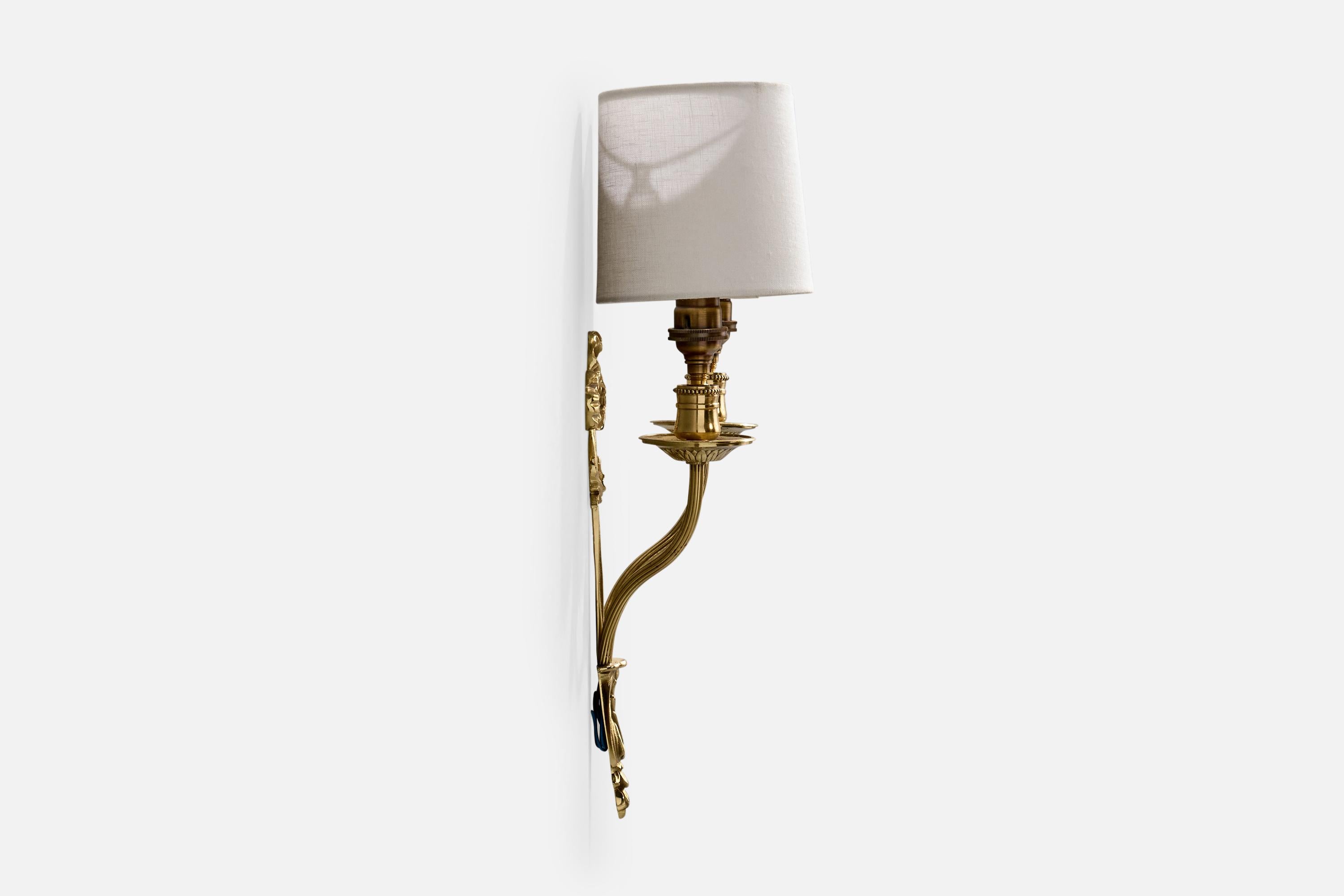 Französischer Designer, Wall Lights, Messing, Stoff, Frankreich, 1950er Jahre (Mitte des 20. Jahrhunderts) im Angebot
