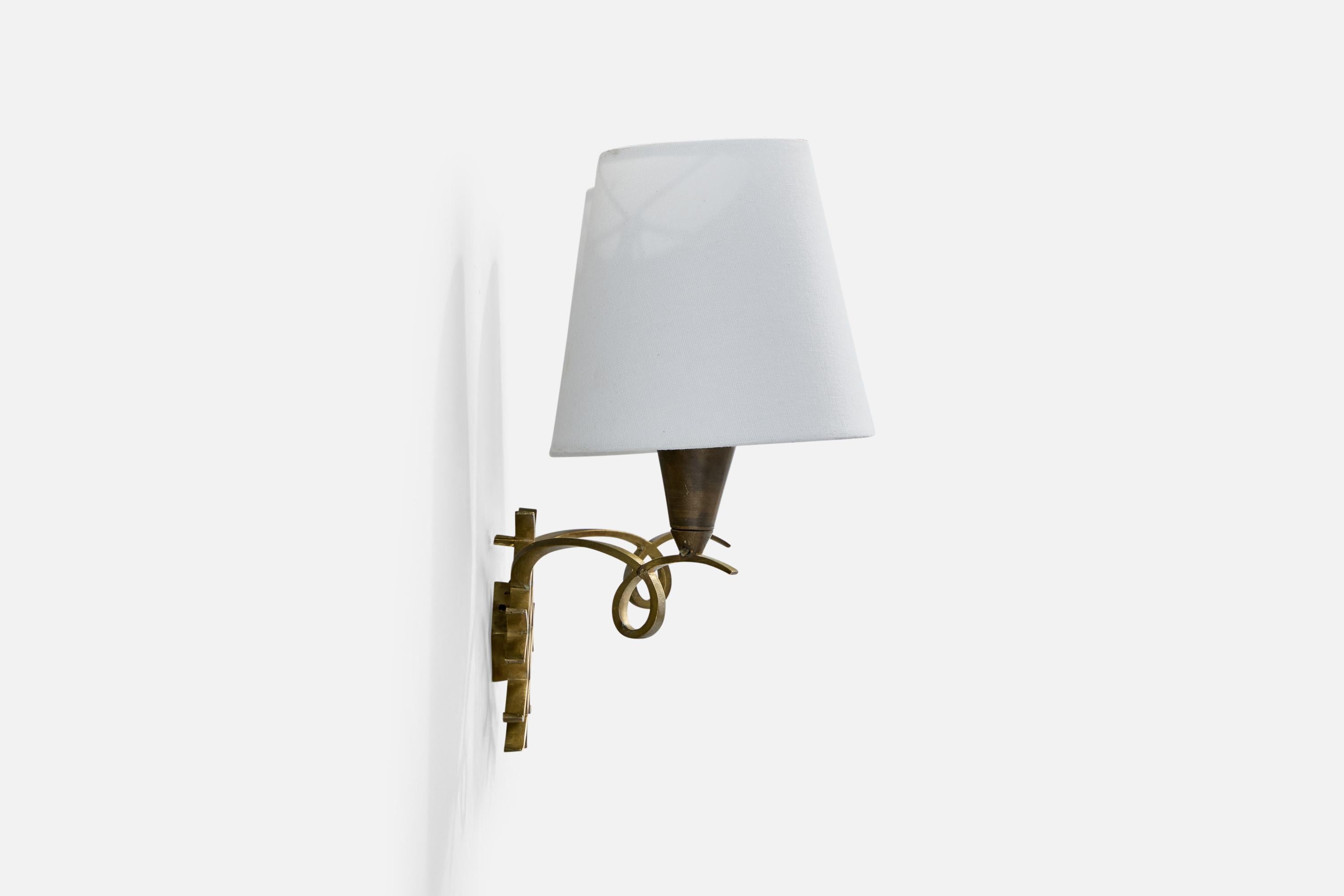 Mid-20th Century French Designer, Wall Lights, Brass, Fabric, France, 1950s For Sale