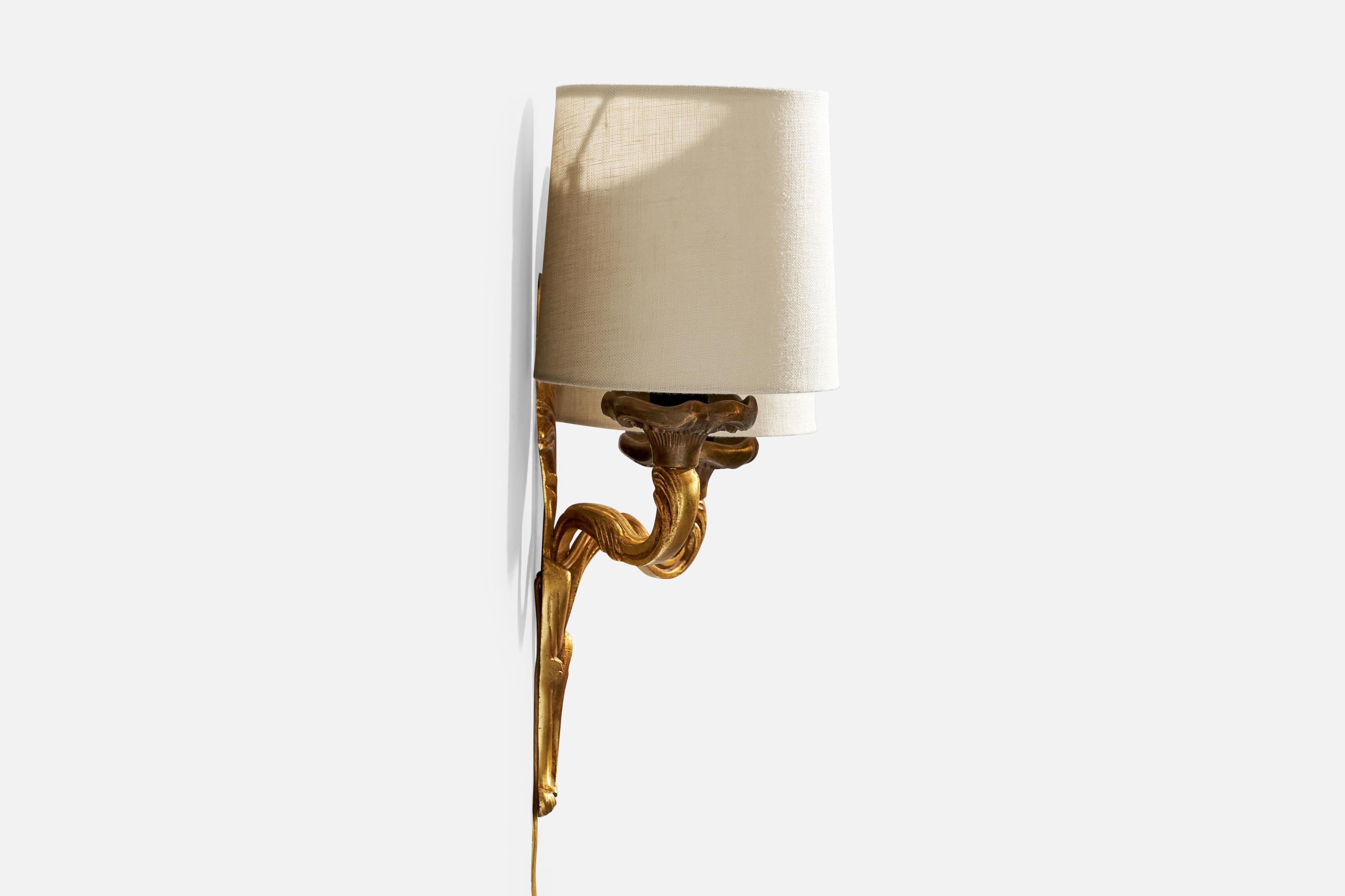 French Designer, Wall Lights, Brass, Fabric, France, 1950s For Sale 2