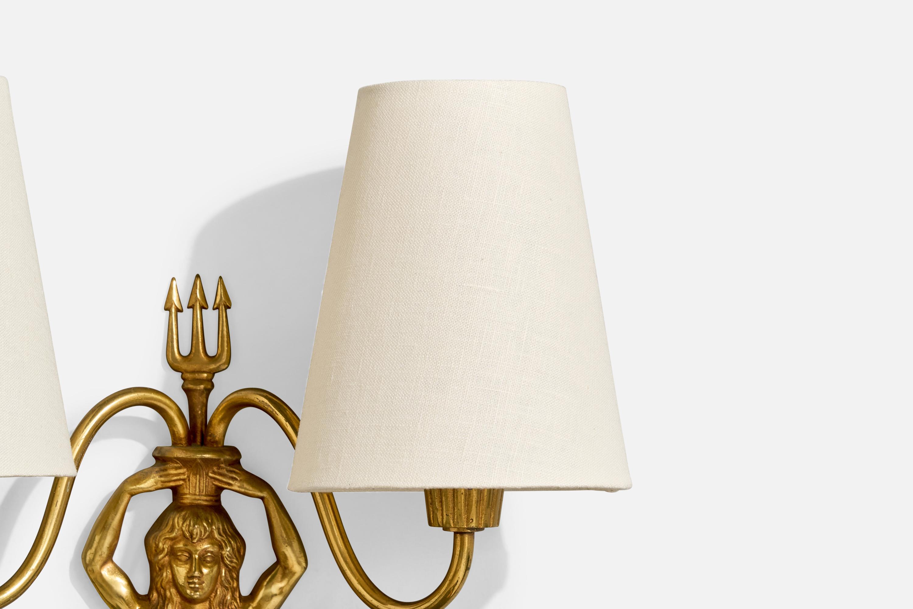 French Designer, Wall Lights, Brass, Fabric, France, 1950s For Sale 2
