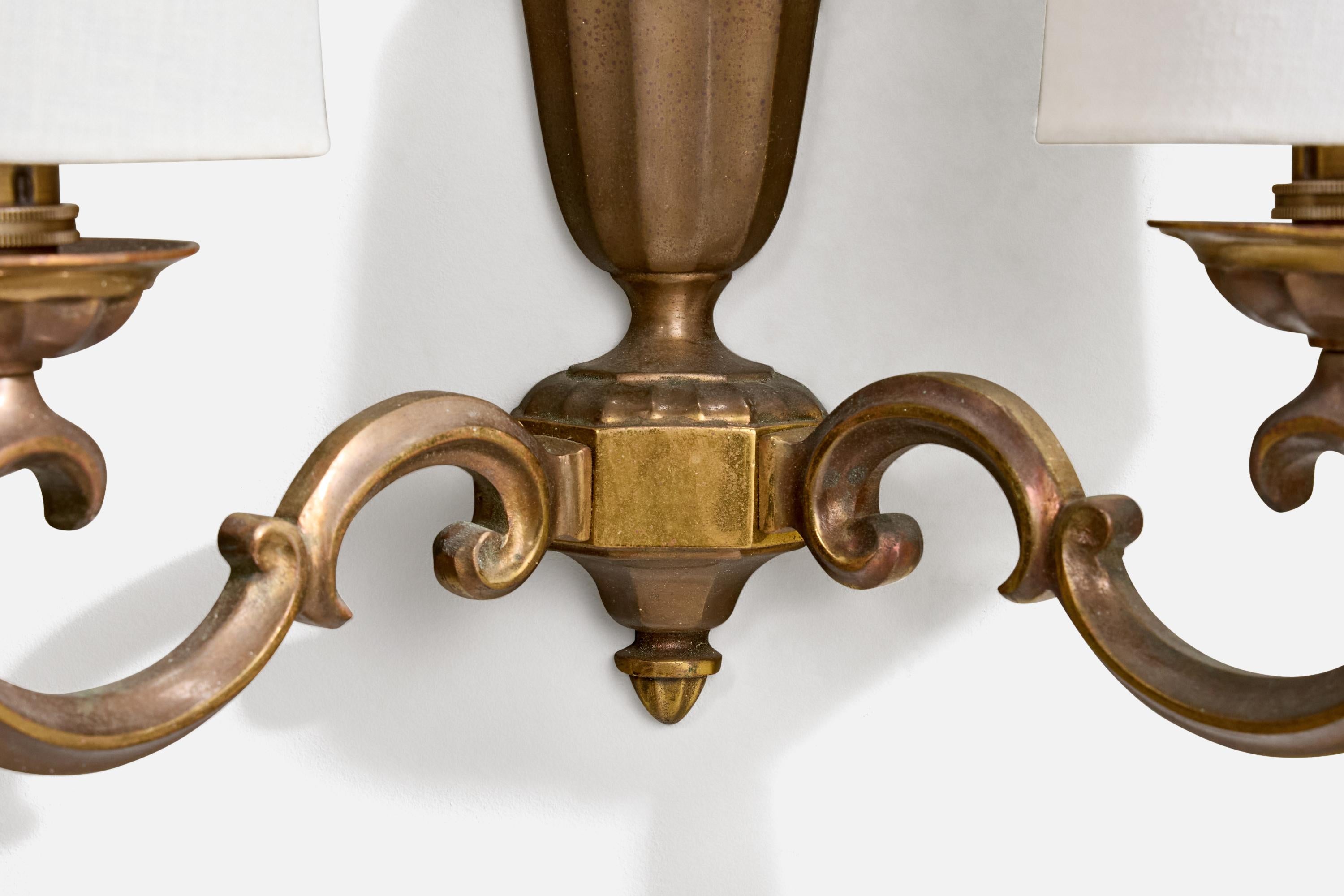 French Designer, Wall Lights, Brass, Fabric, France, 1950s For Sale 1