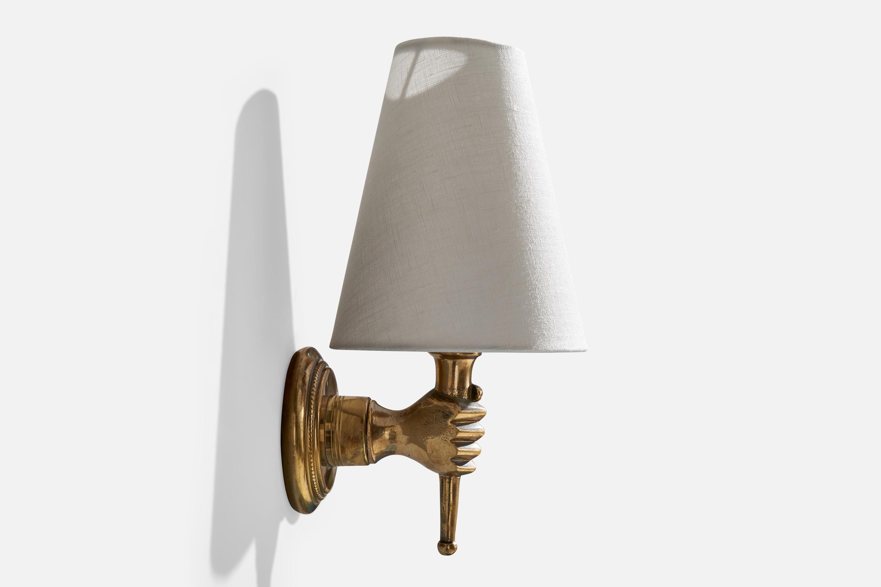 French Designer, Wall Lights, Brass, Fabric, France, 1950s 2