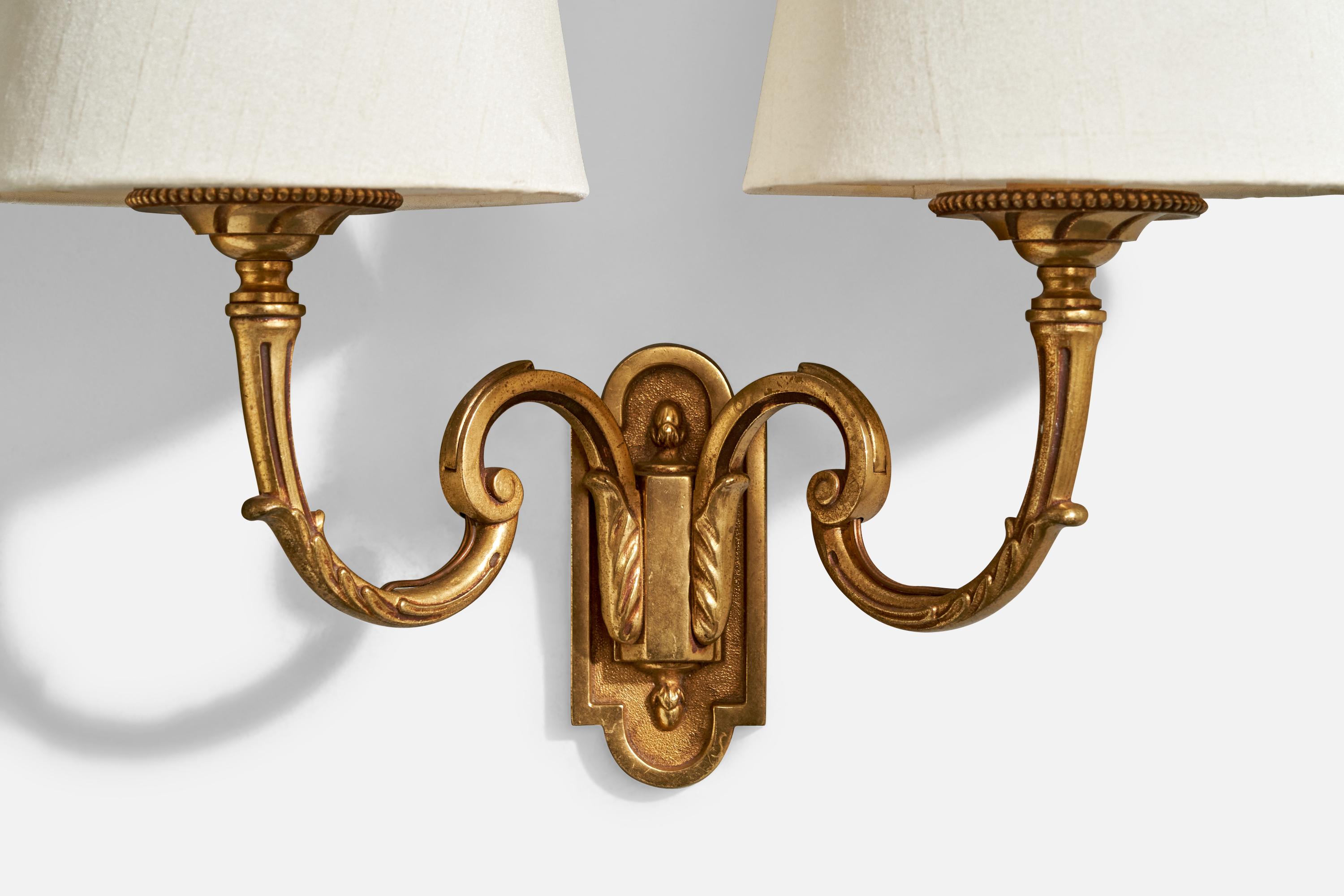 French Designer, Wall Lights, Brass, Fabric, France, 1950s For Sale 3
