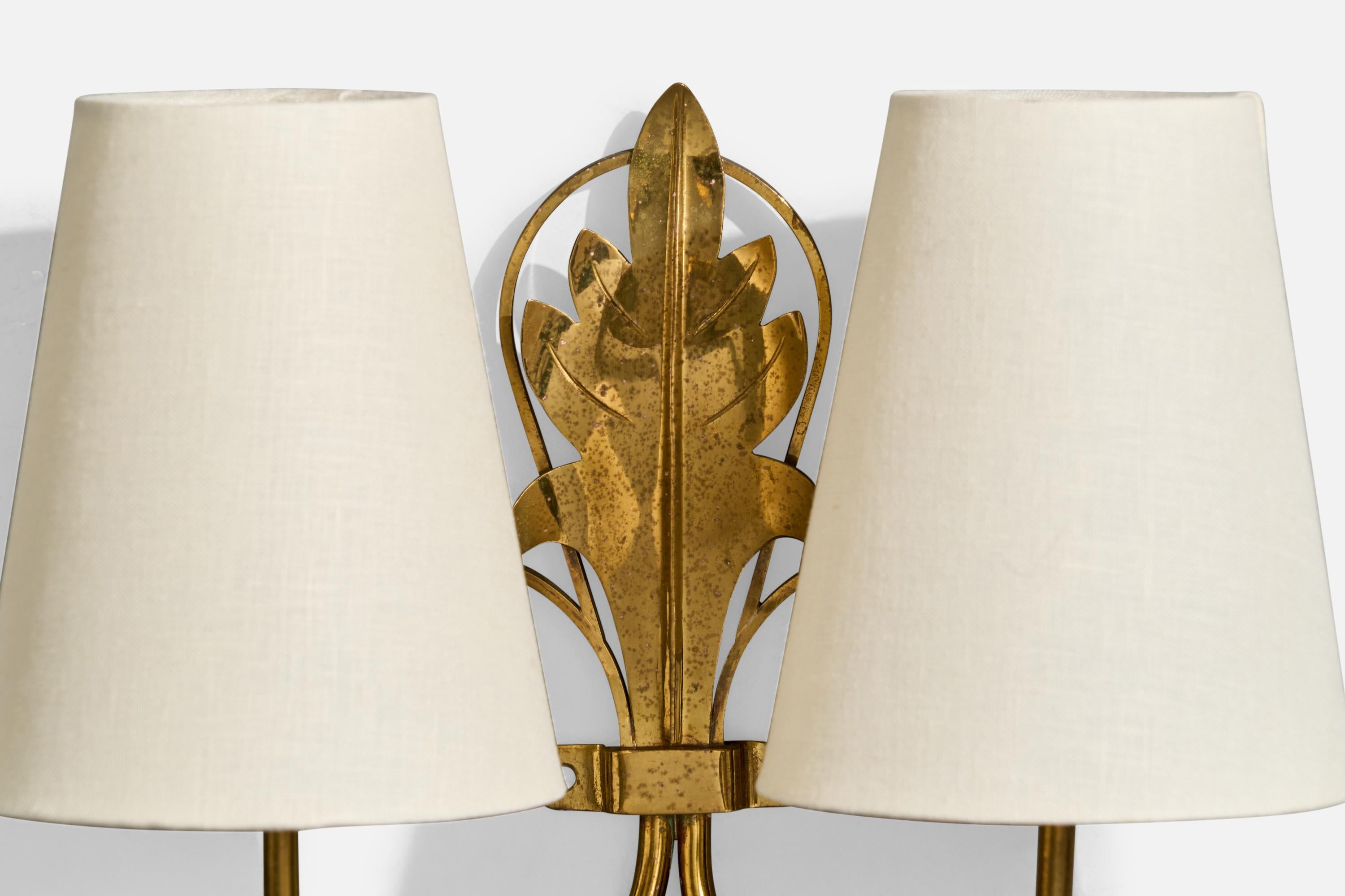 French Designer, Wall Lights, Brass, Fabric, France, 1950s For Sale 3