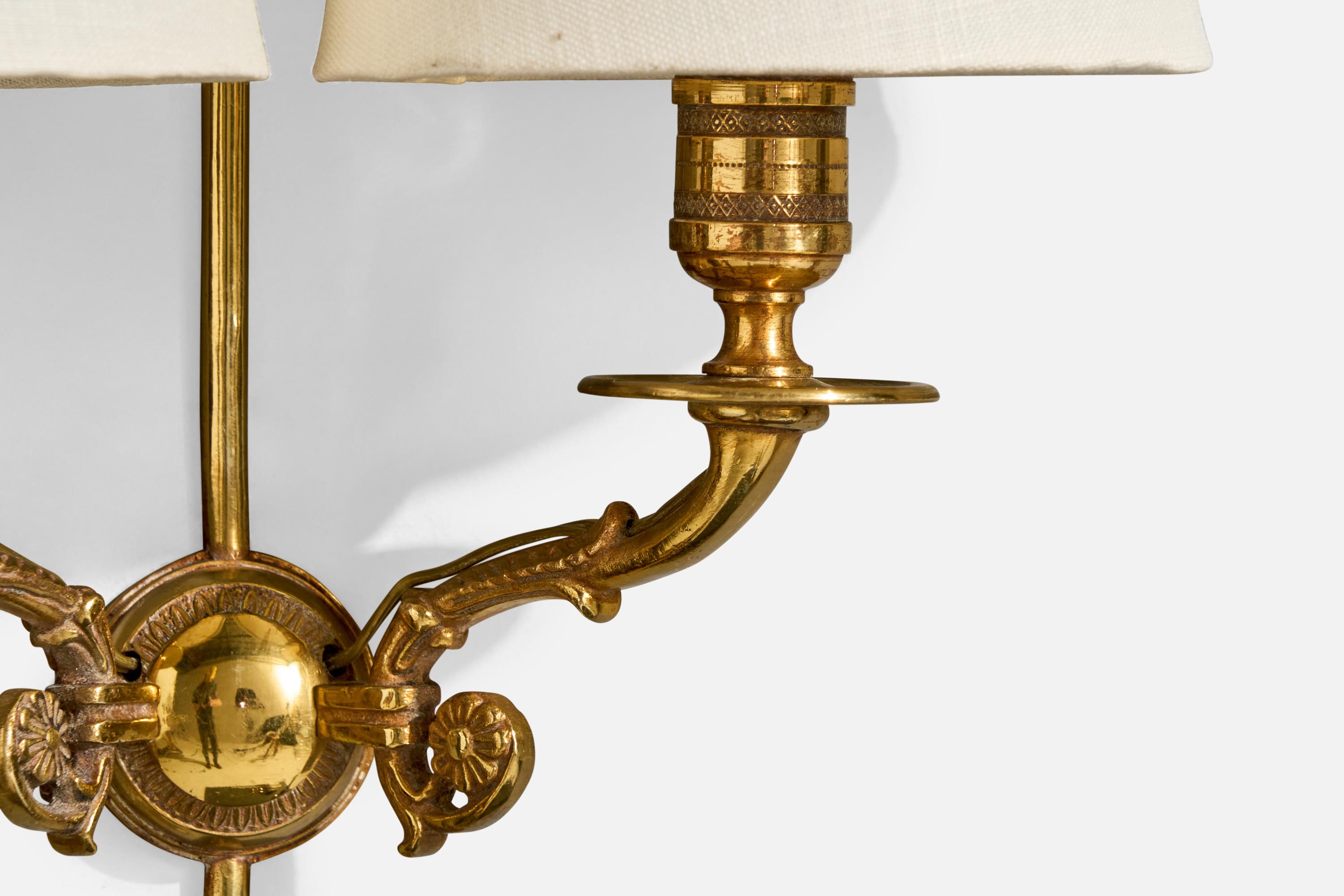 French Designer, Wall Lights, Brass, Fabric, France, 1950s For Sale 3