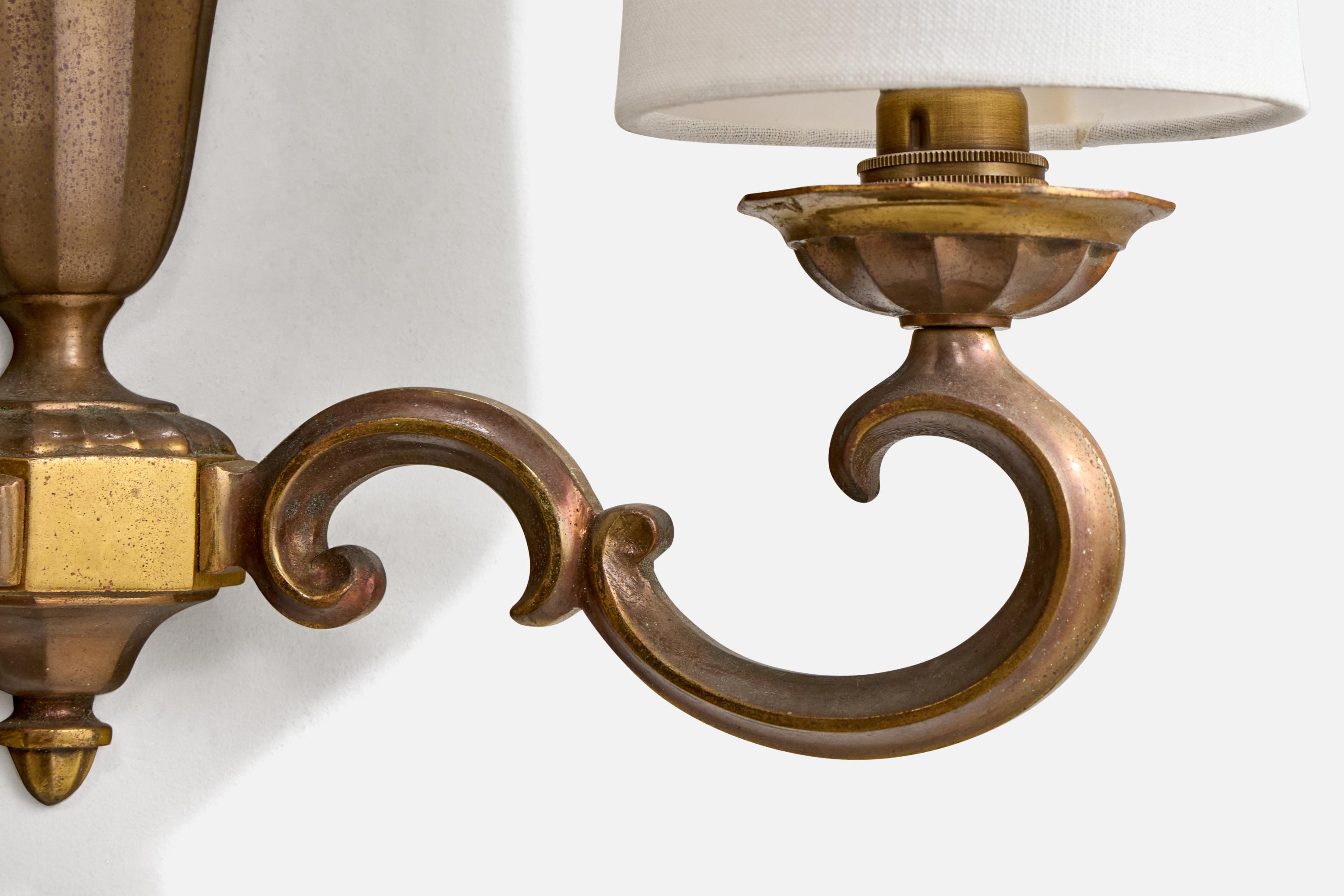 French Designer, Wall Lights, Brass, Fabric, France, 1950s For Sale 2