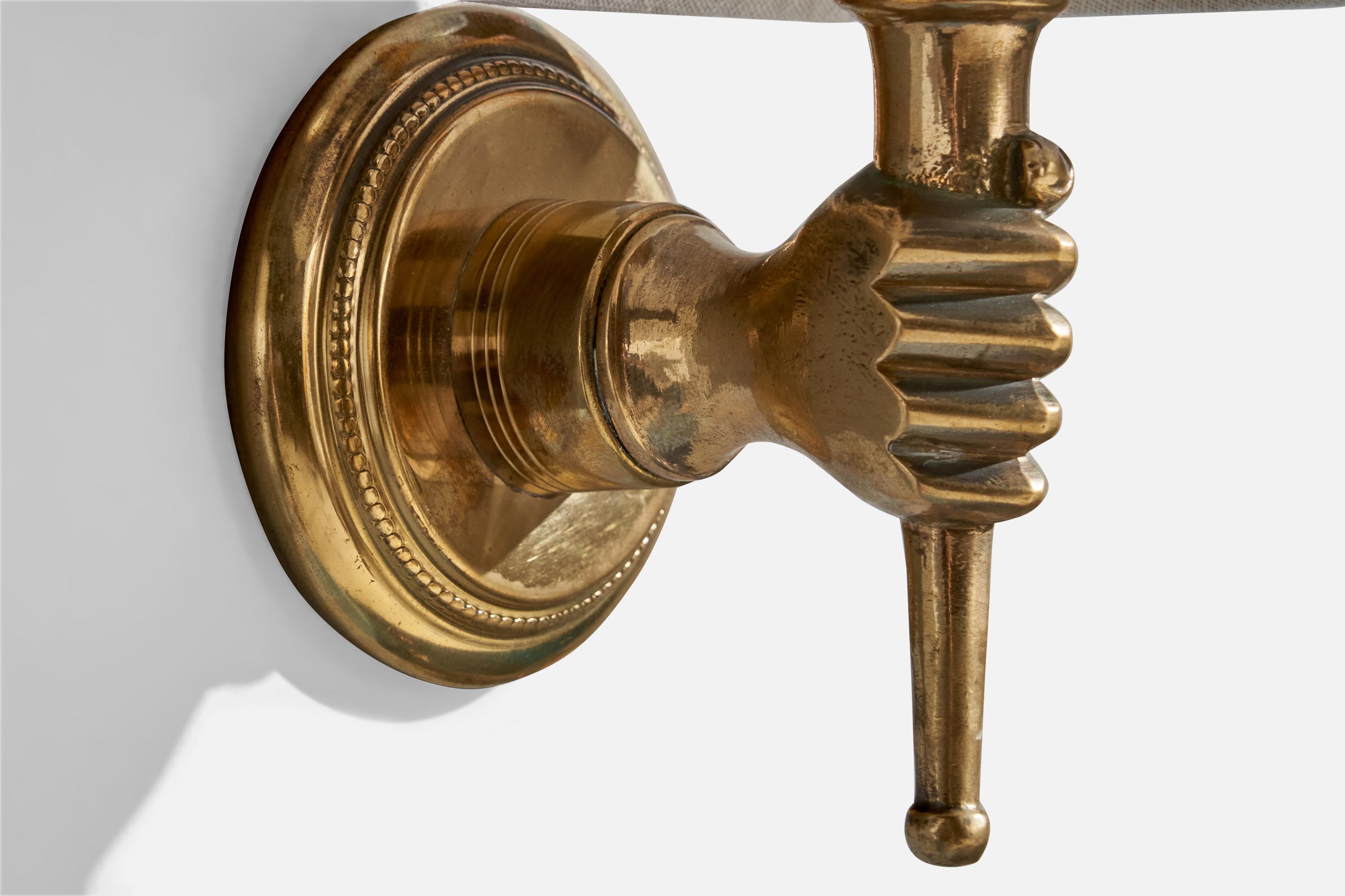 French Designer, Wall Lights, Brass, Fabric, France, 1950s 3