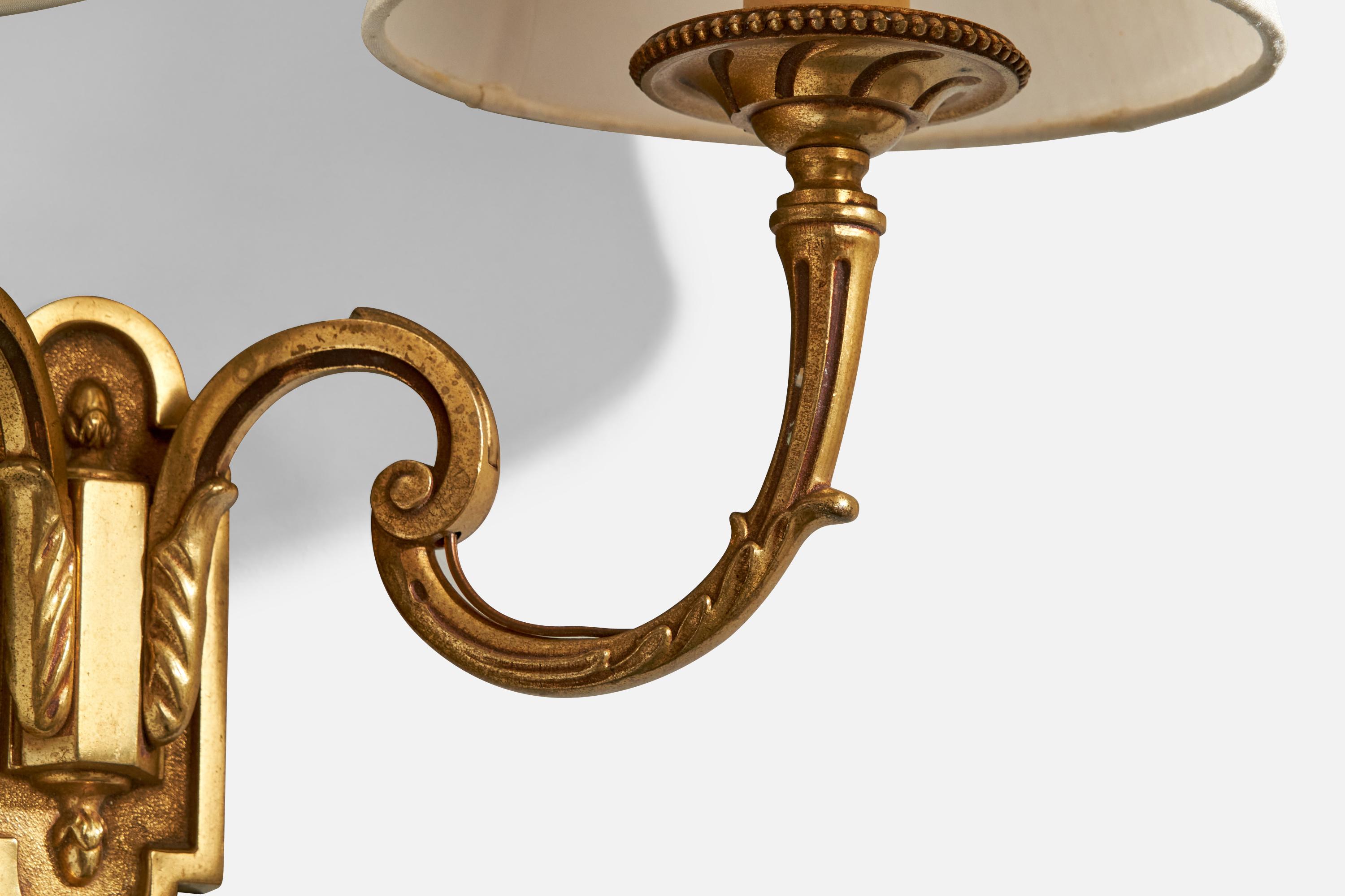French Designer, Wall Lights, Brass, Fabric, France, 1950s For Sale 4