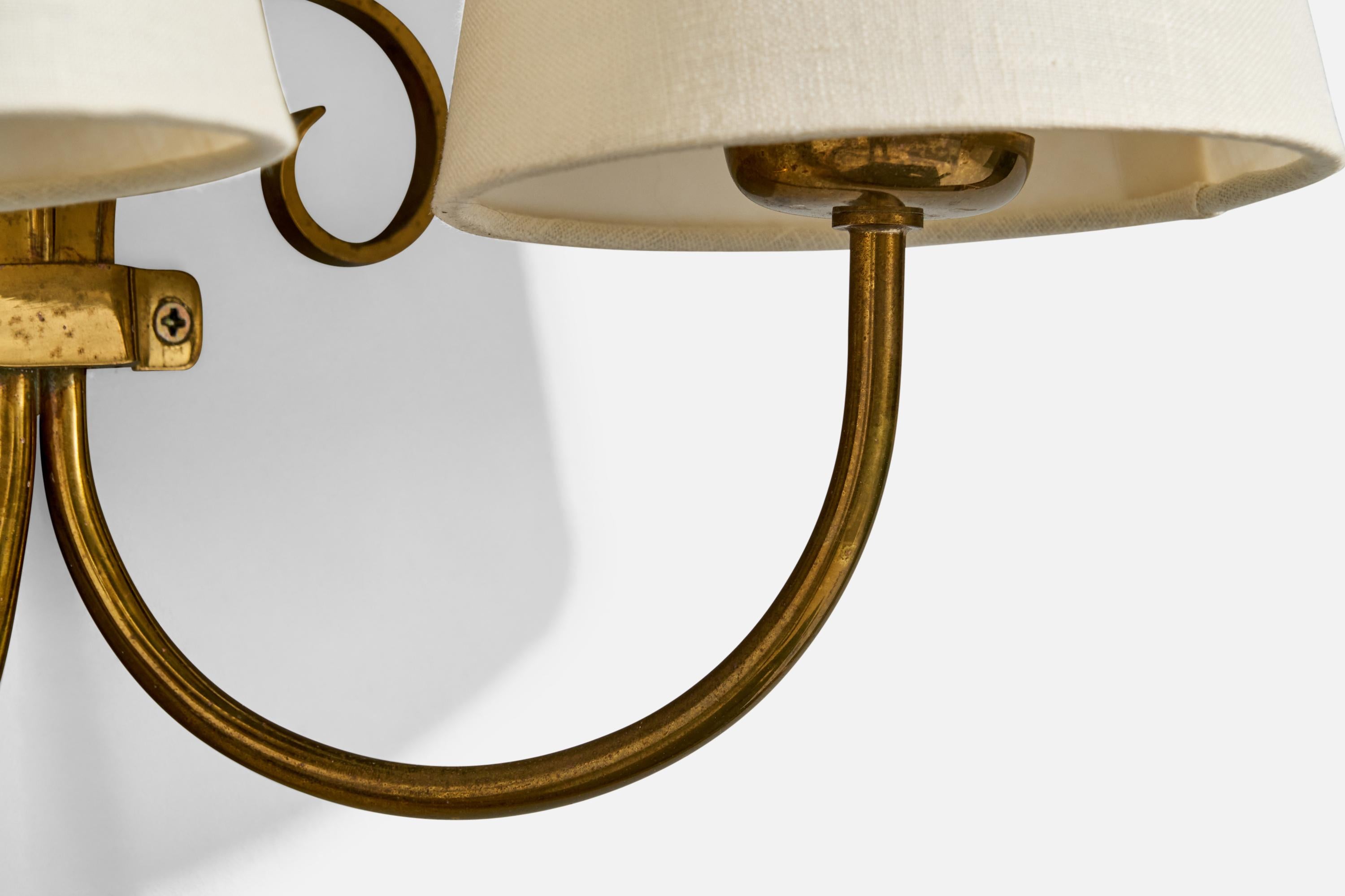 French Designer, Wall Lights, Brass, Fabric, France, 1950s For Sale 4