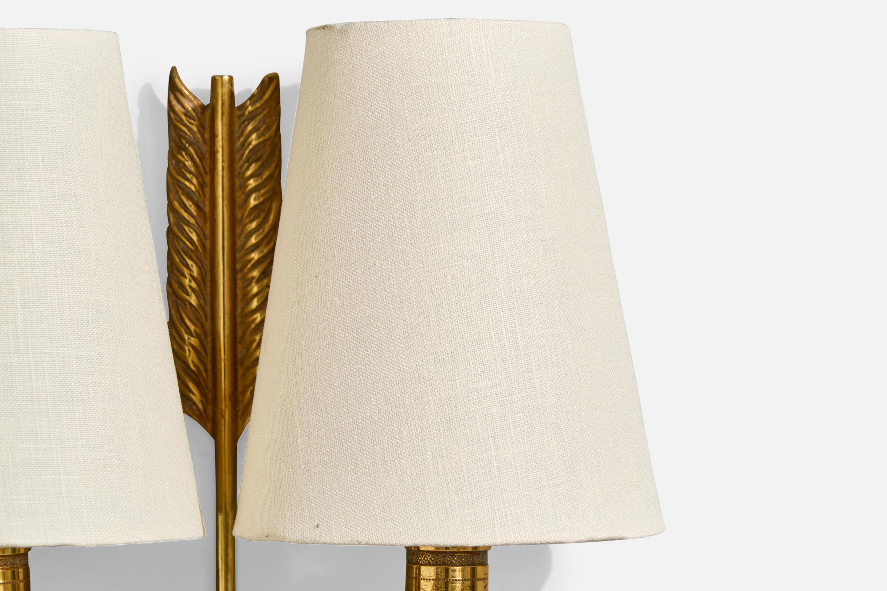 French Designer, Wall Lights, Brass, Fabric, France, 1950s For Sale 4