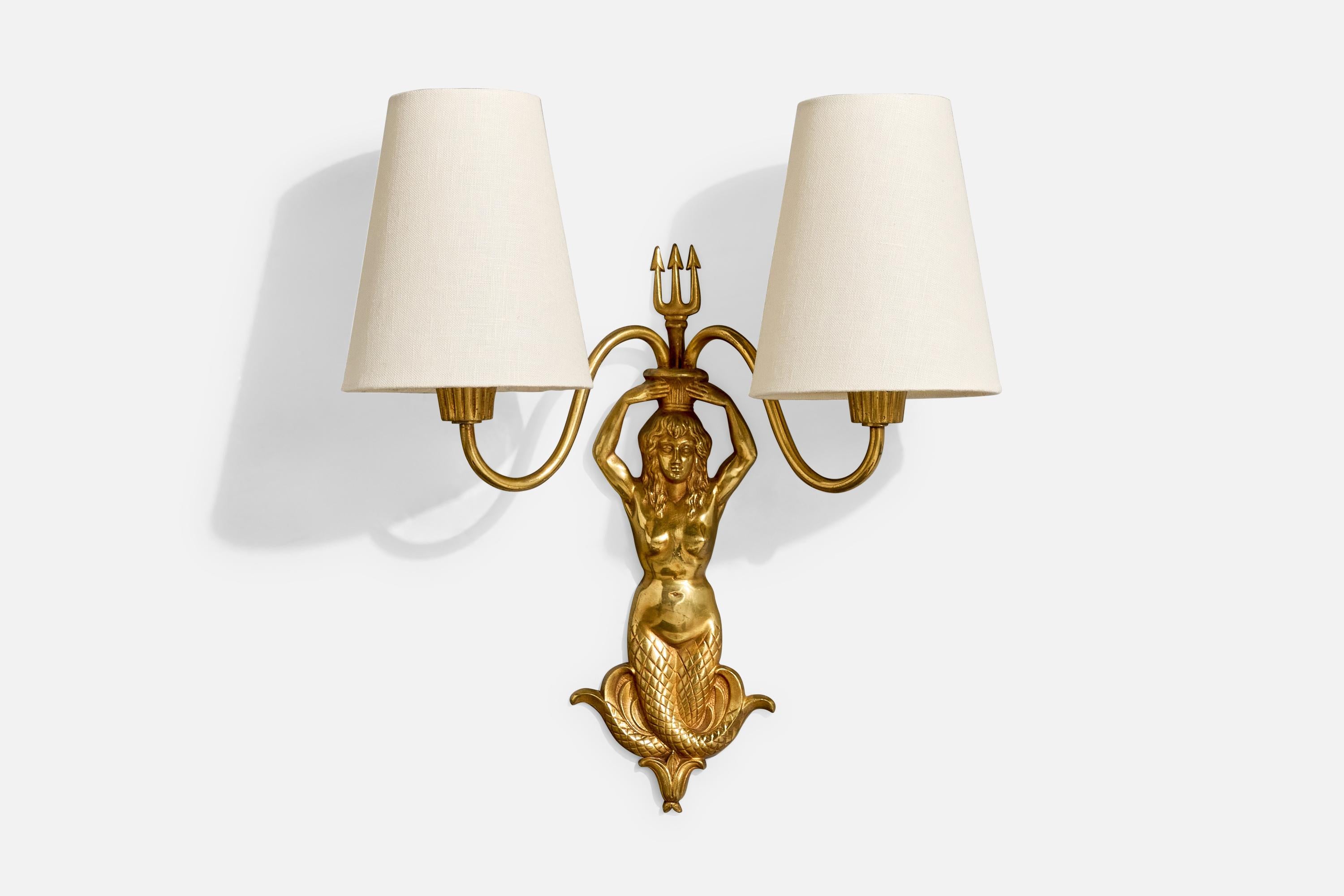 French Designer, Wall Lights, Brass, Fabric, France, 1950s For Sale 4