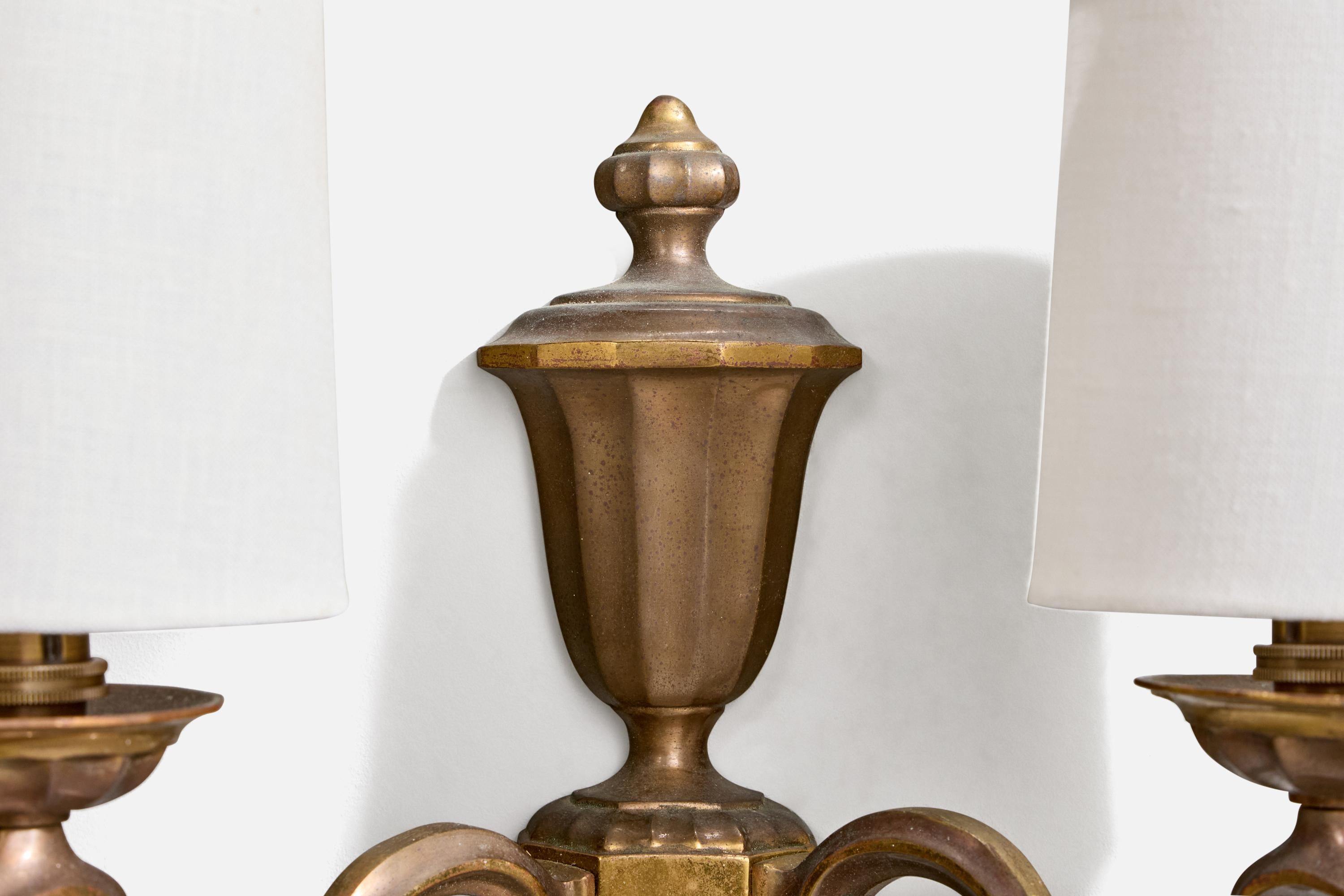 French Designer, Wall Lights, Brass, Fabric, France, 1950s For Sale 3