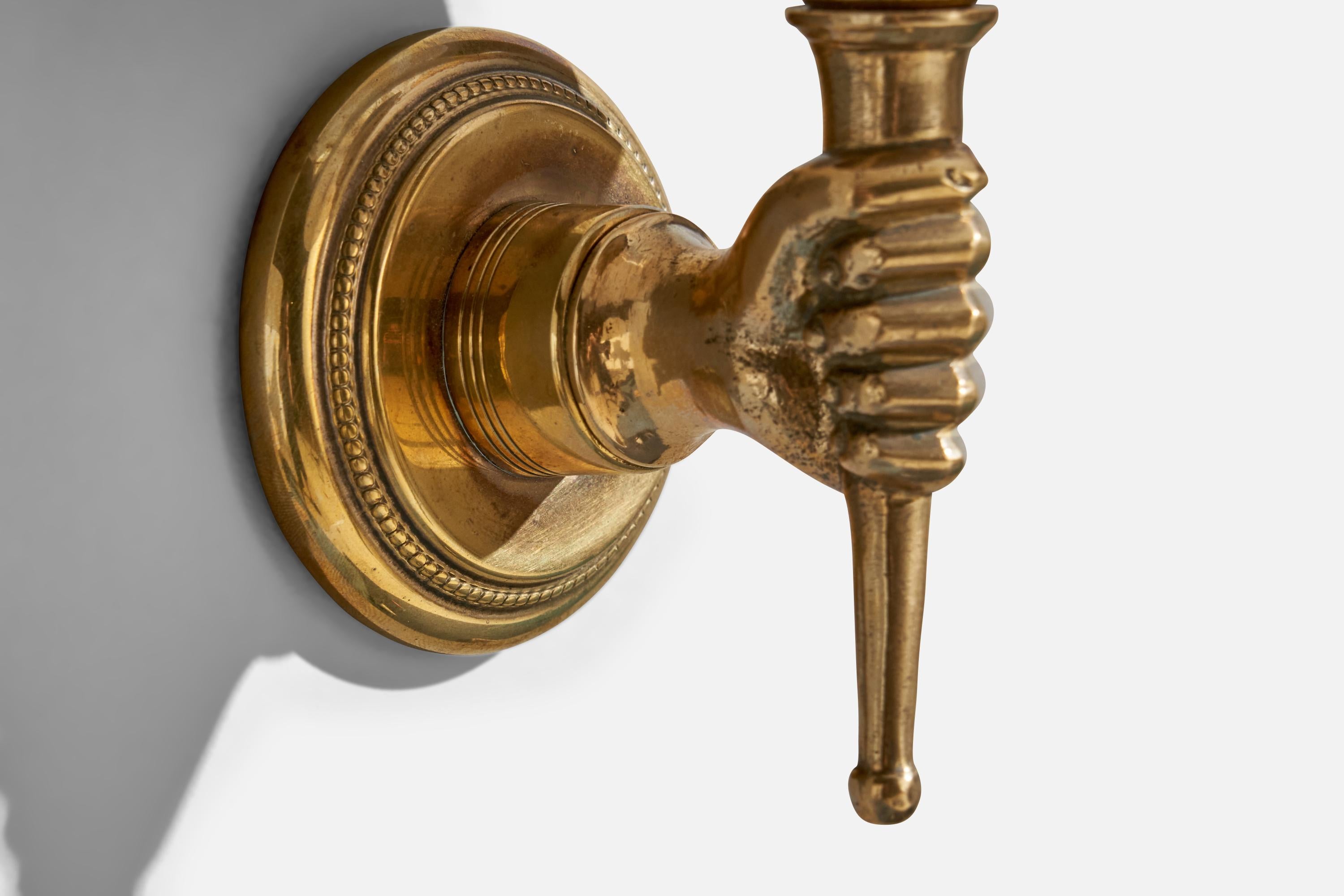 French Designer, Wall Lights, Brass, Fabric, France, 1950s 4