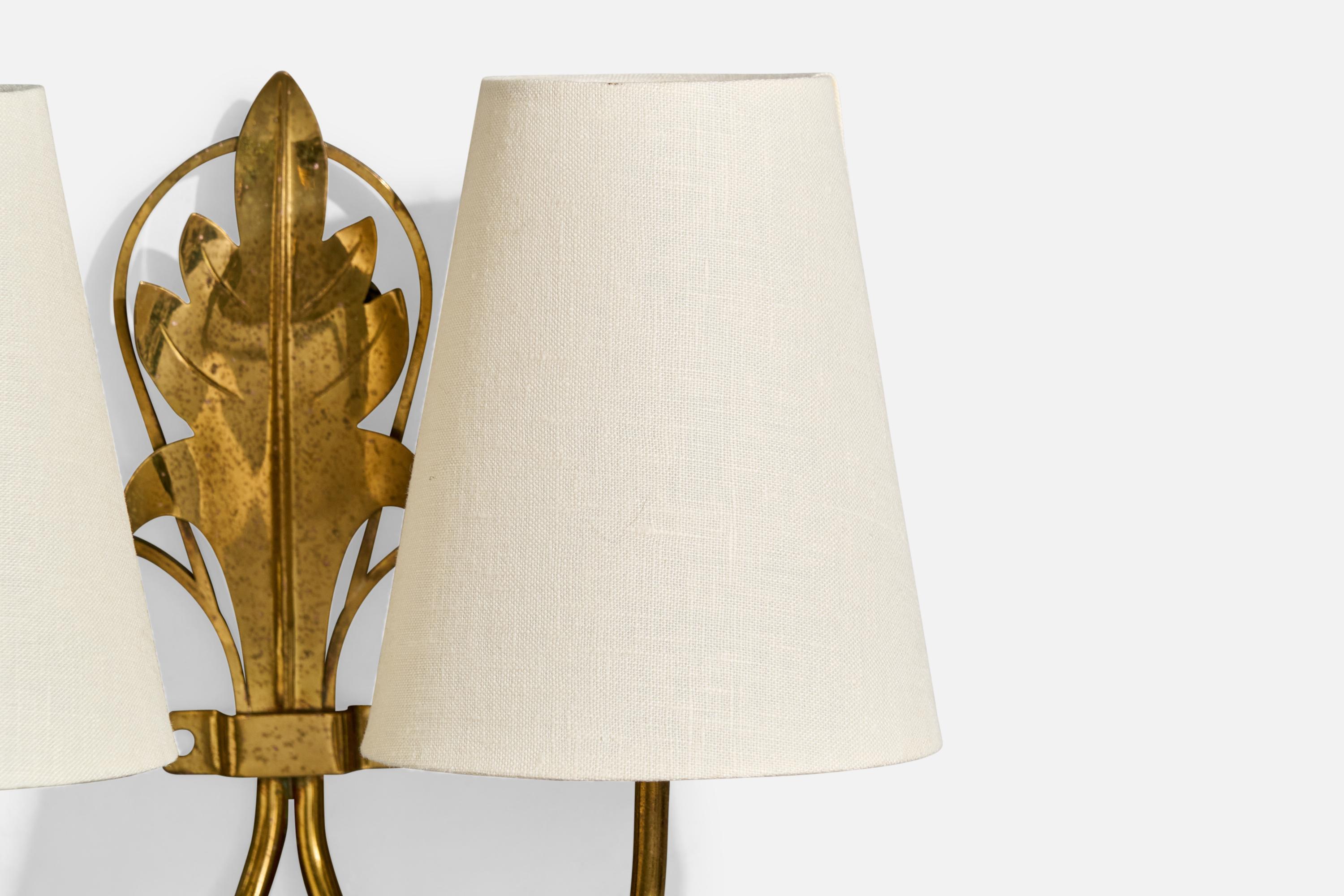 French Designer, Wall Lights, Brass, Fabric, France, 1950s For Sale 5