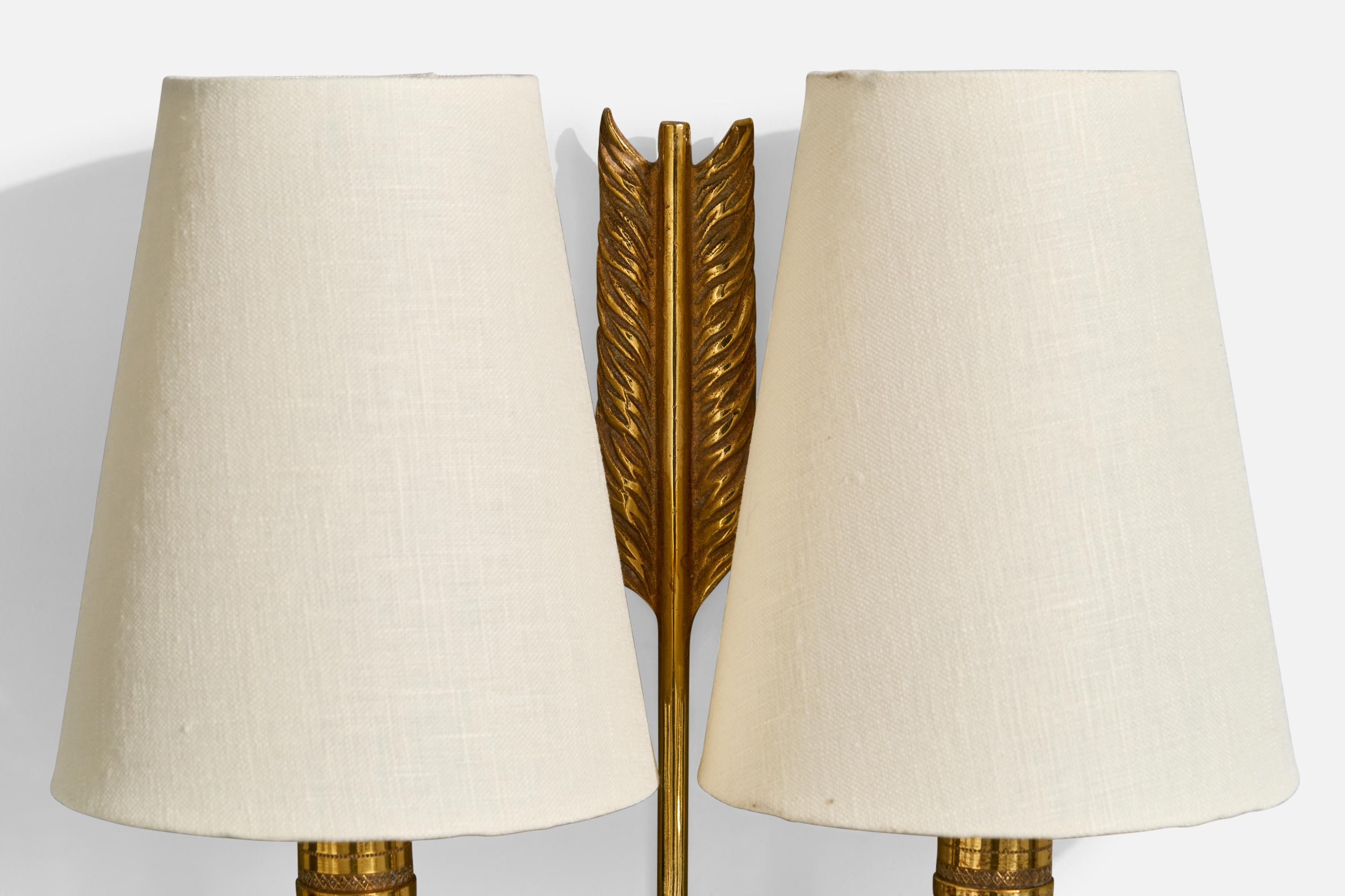 French Designer, Wall Lights, Brass, Fabric, France, 1950s For Sale 5