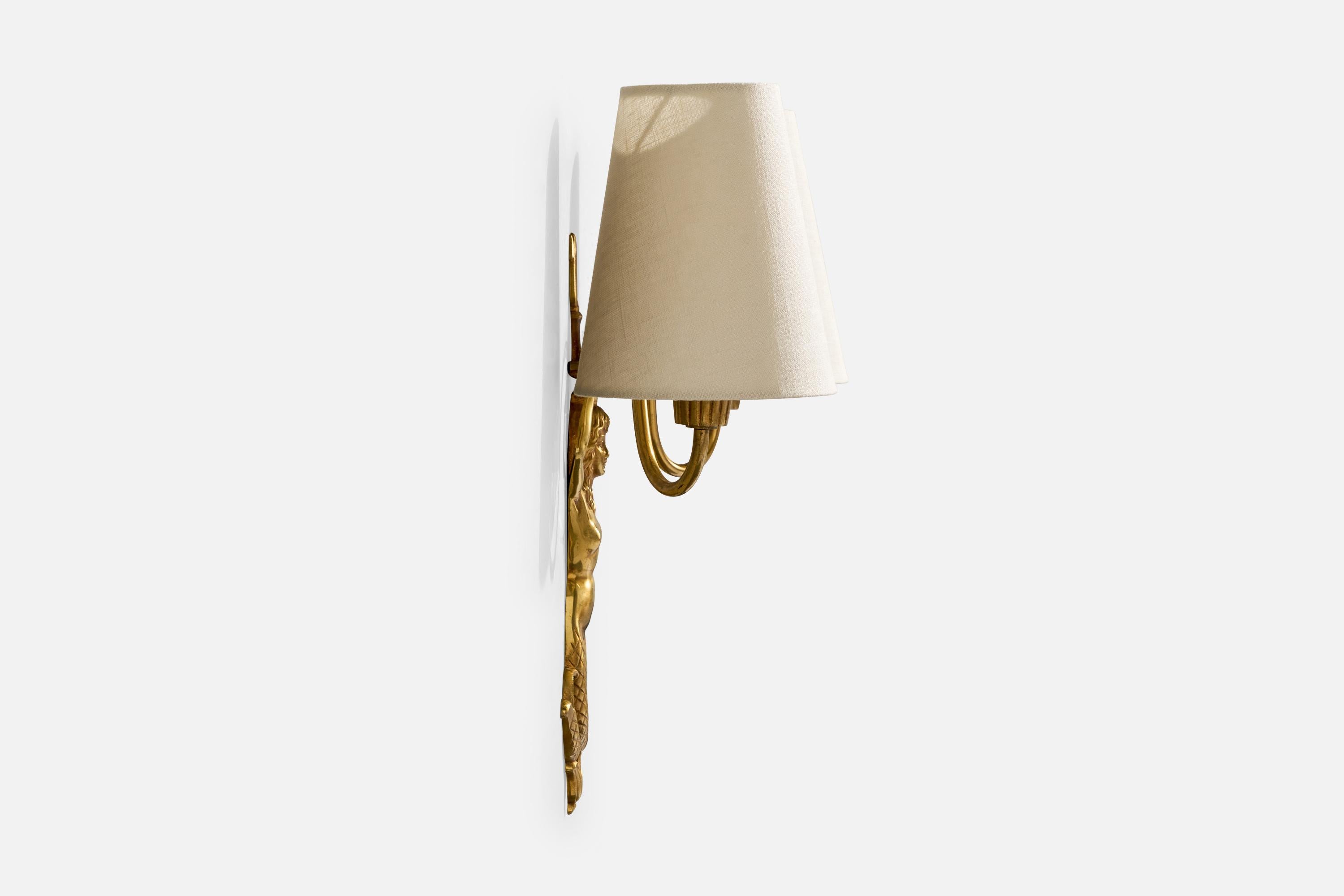 French Designer, Wall Lights, Brass, Fabric, France, 1950s For Sale 5