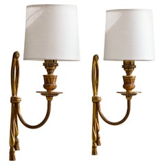 French Designer, Wall Lights, Brass, Fabric, France, 1950s