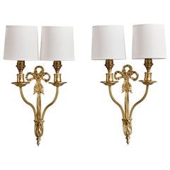 Französischer Designer, Wall Lights, Messing, Stoff, Frankreich, 1950er Jahre