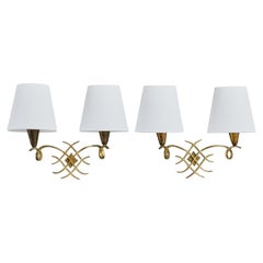 Designer français, Wall Lights, laiton, tissu, France, années 1950