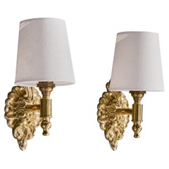French Designer, Wall Lights, Brass, Fabric, France, 1950s