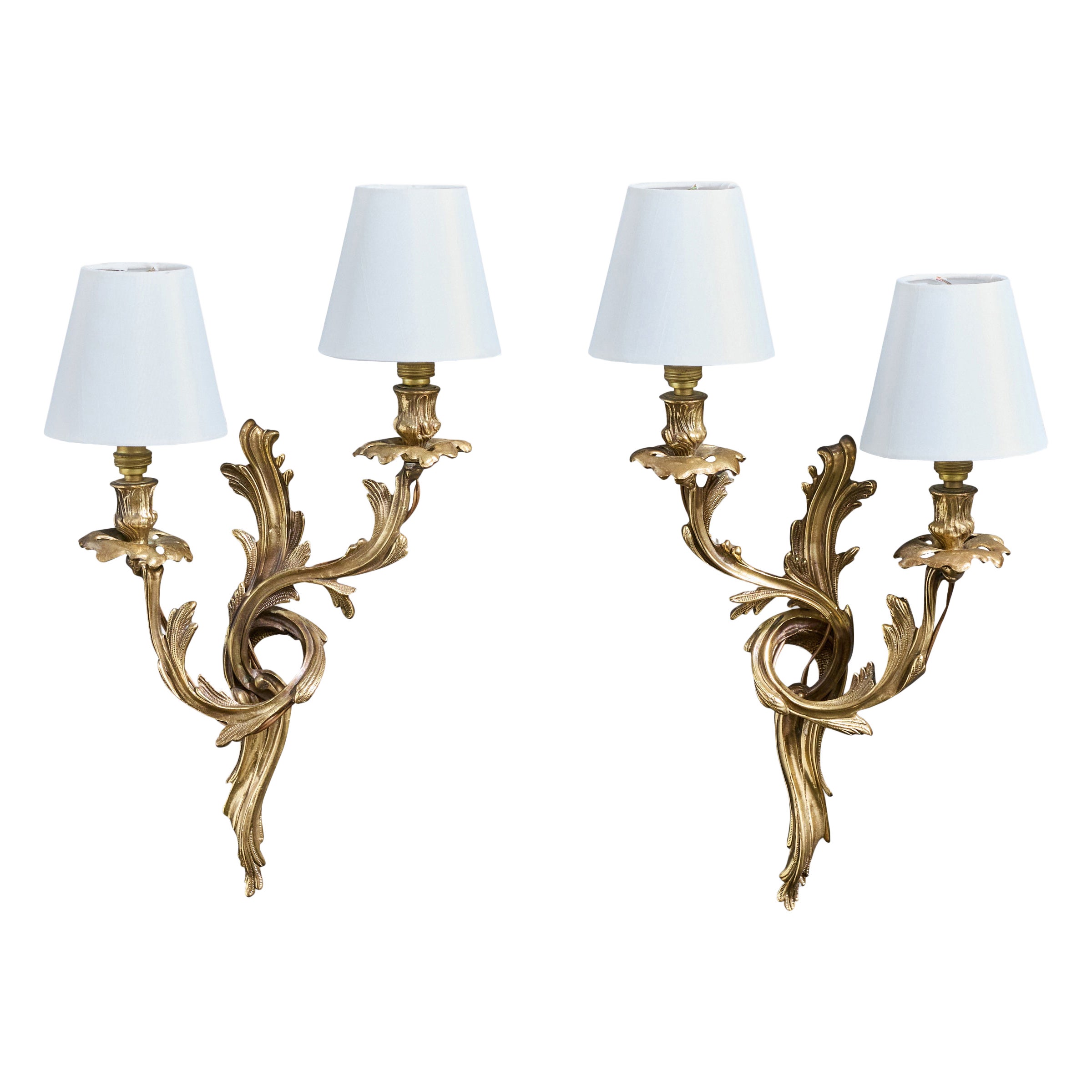French Designer, Wall Lights, Brass, Fabric, France, 1950s