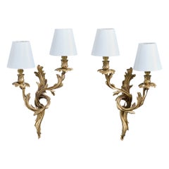 French Designer, Wall Lights, Brass, Fabric, France, 1950s