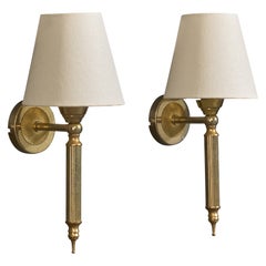 French Designer, Wall Lights, Brass, Fabric, France, 1950s