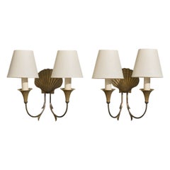 Französischer Designer, Wall Lights, Messing, Stoff, Frankreich, 1950er Jahre