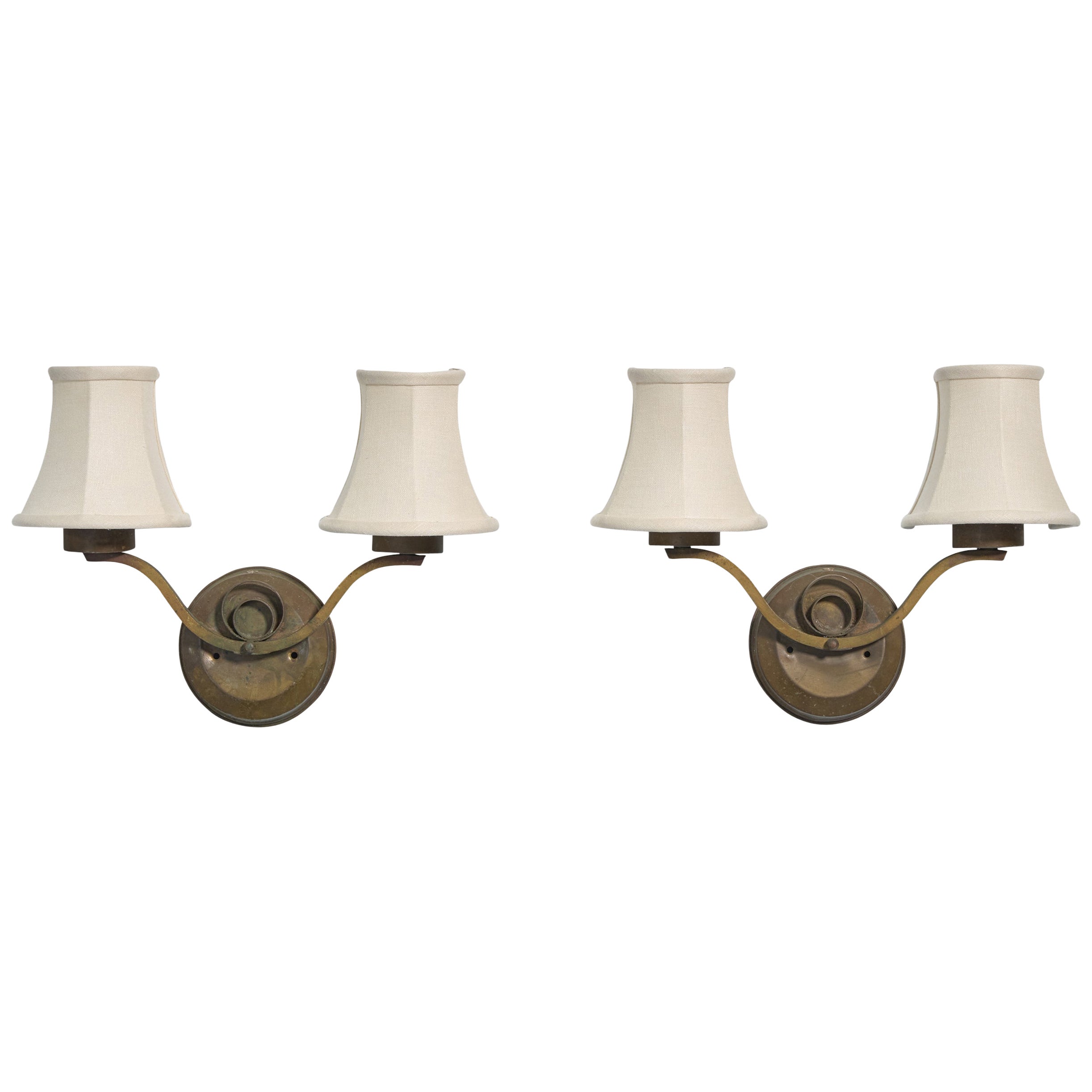 French Designer, Wall Lights, Brass, Fabric, France, 1950s