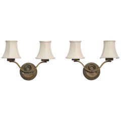 French Designer, Wall Lights, Brass, Fabric, France, 1950s