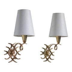 French Designer, Wall Lights, Brass, Fabric, France, 1950s