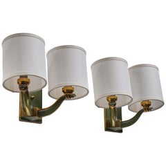 French Designer, Wall Lights, Brass, Fabric, France, 1950s