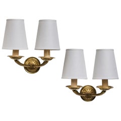 French Designer, Wall Lights, Brass, Fabric, France, 1950s