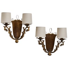 French Designer, Wall Lights, Brass, Fabric, France, 1950s