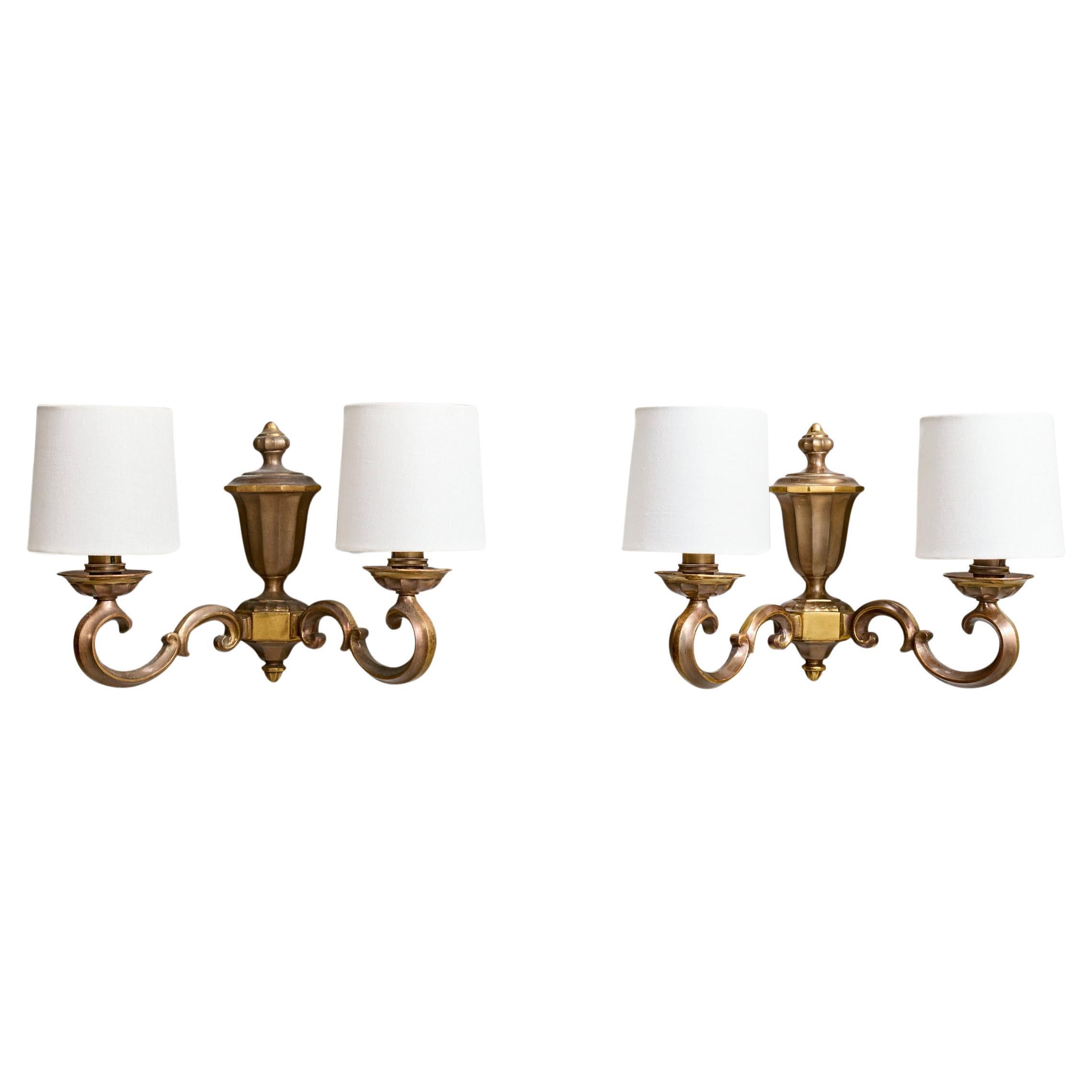 French Designer, Wall Lights, Brass, Fabric, France, 1950s For Sale