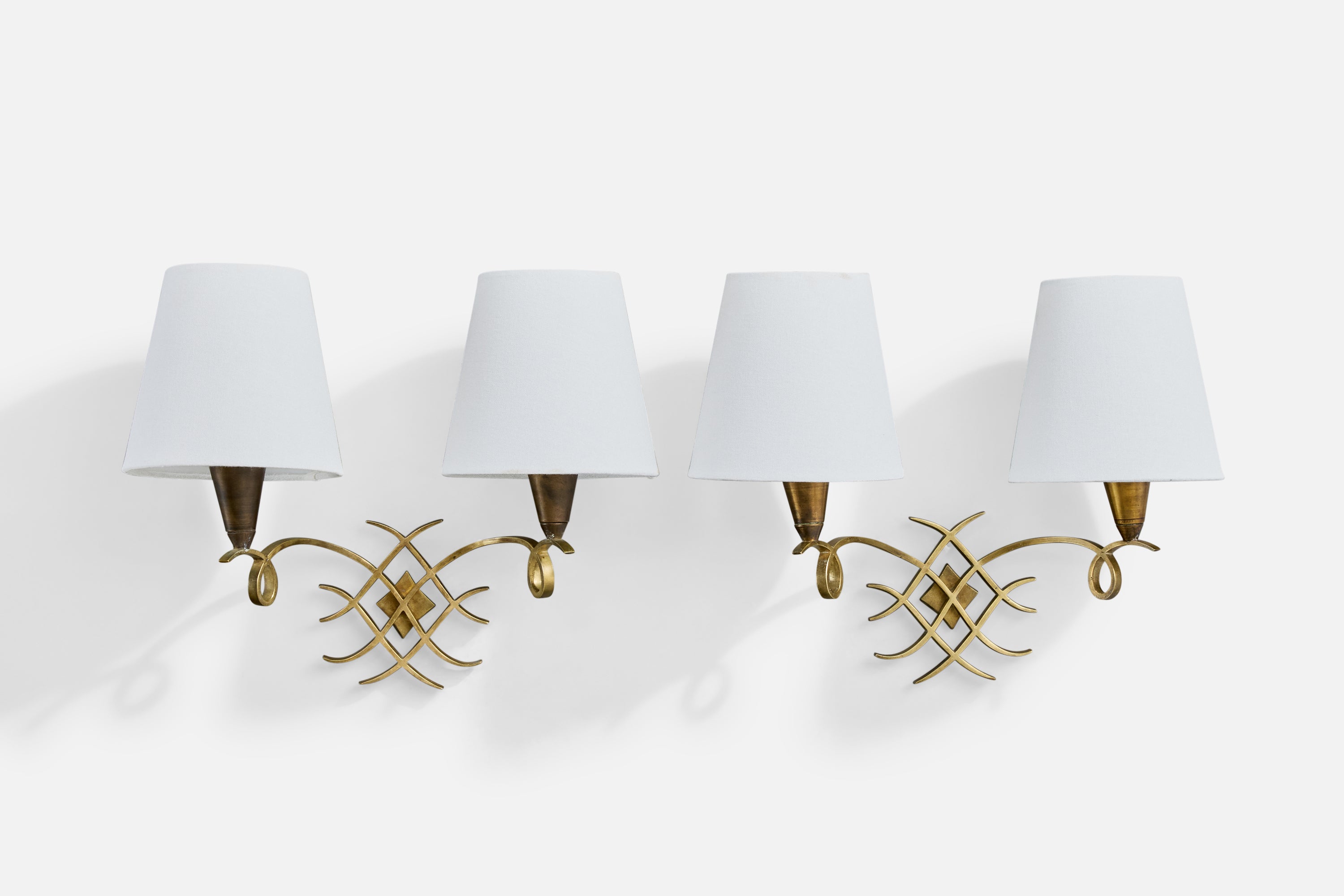 French Designer, Wall Lights, Brass, Fabric, France, 1950s For Sale