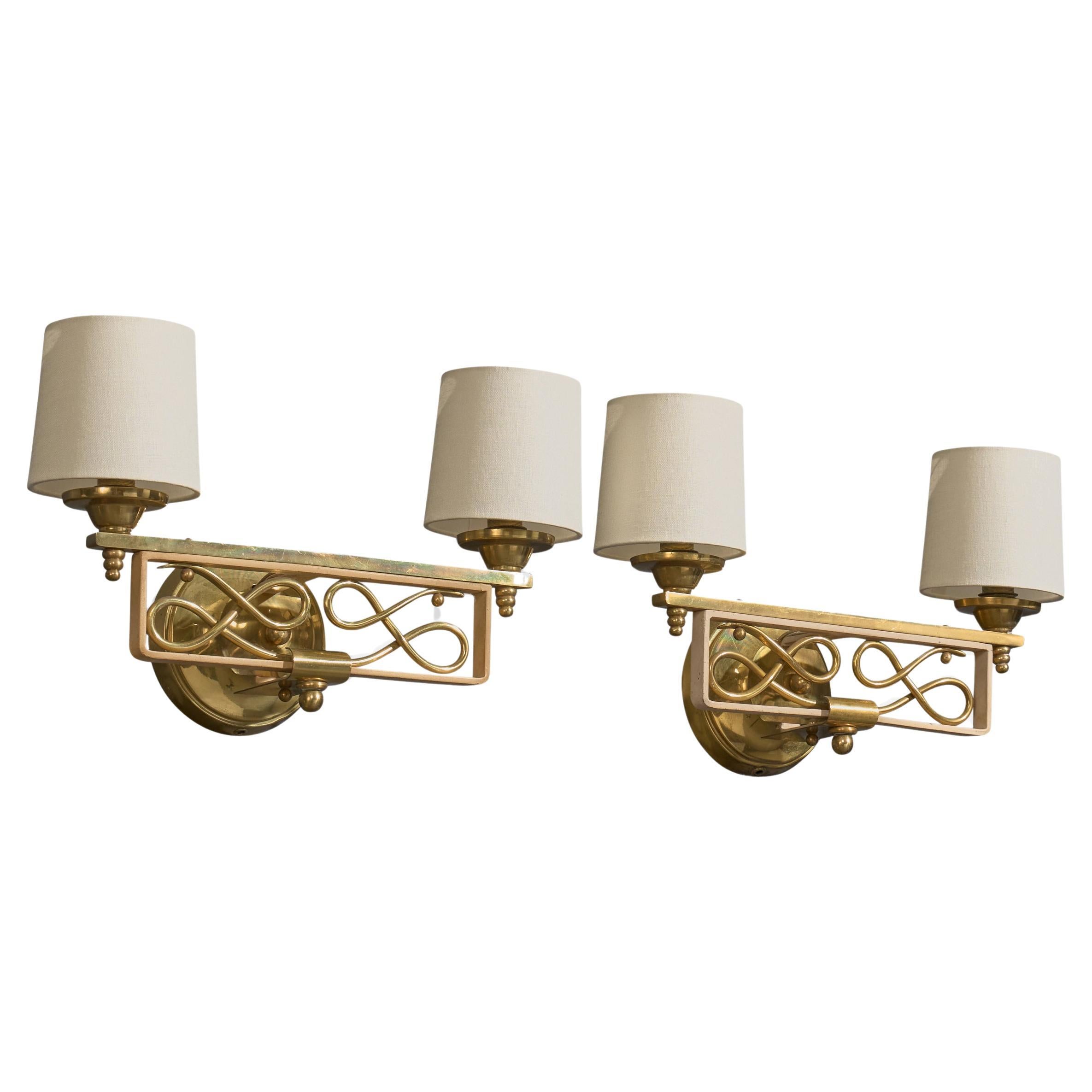 French Designer, Wall Lights, Brass, Fabric, France, 1950s