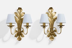 French Designer, Wall Lights, Brass, Fabric, France, 1960s