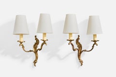 French Designer, Wall Lights, Brass, Fabric, France, 1960s