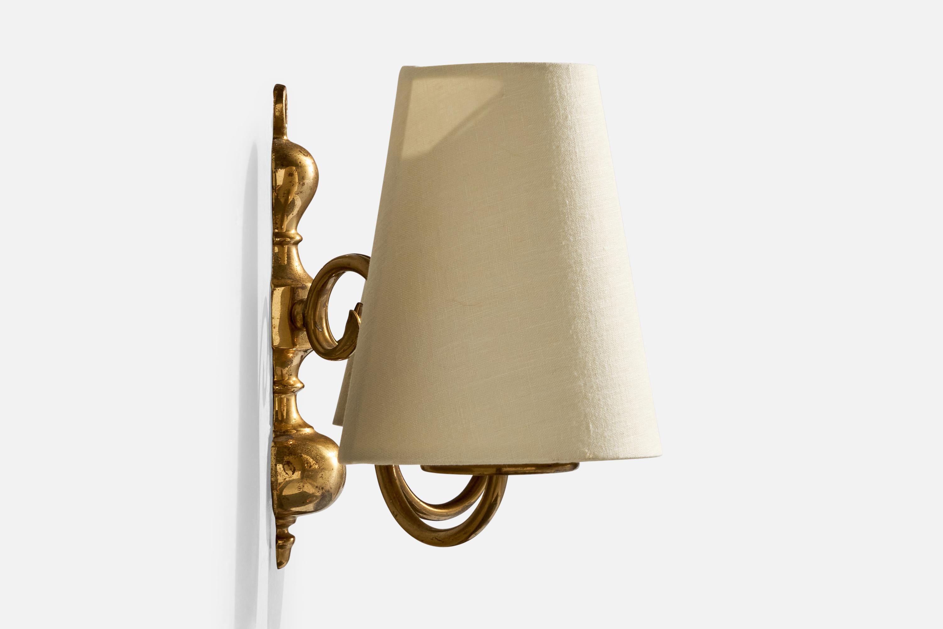 Mid-20th Century French Designer, Wall Lights, Brass, Fabric, France, 1960s For Sale