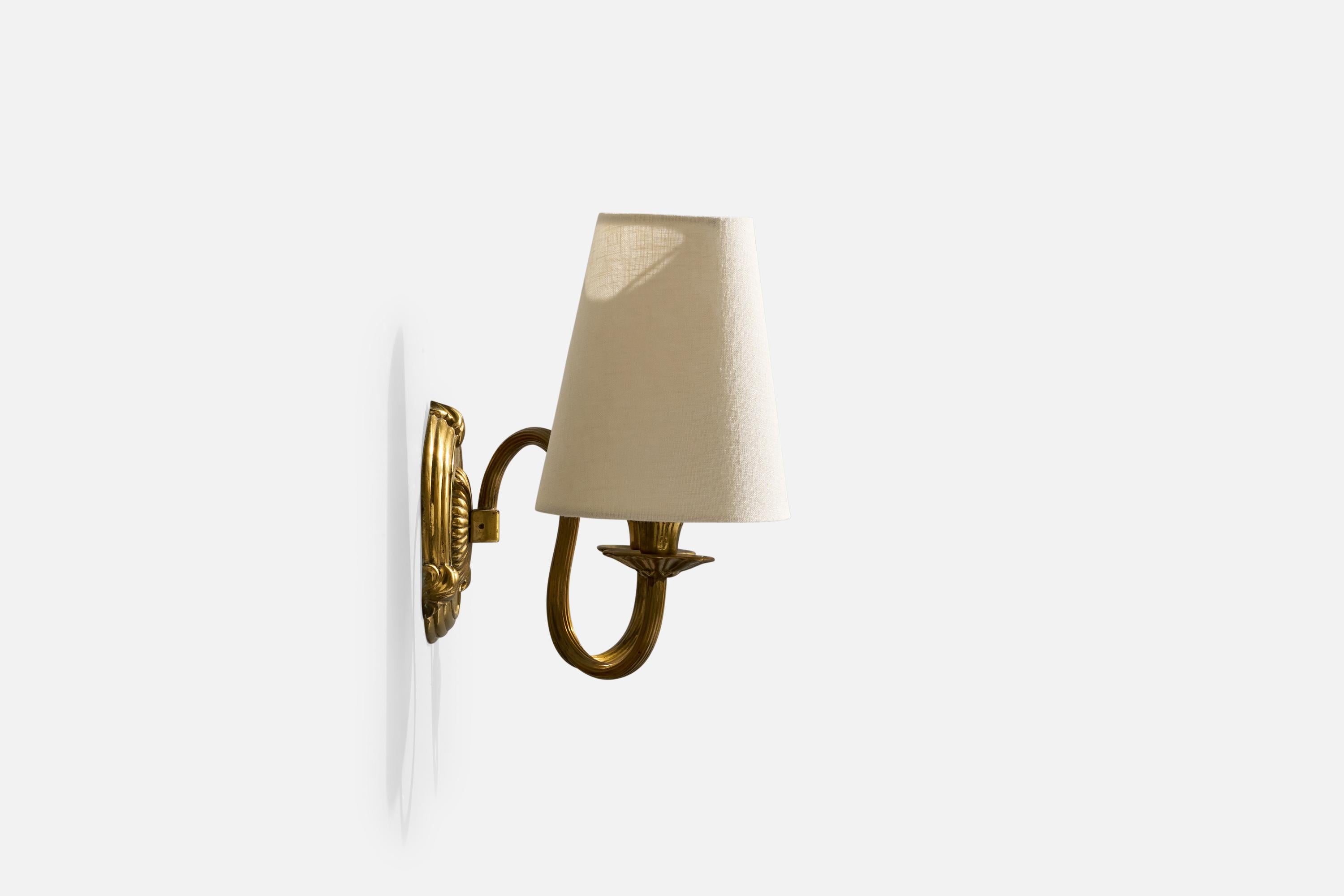 French Designer, Wall Lights, Brass, Fabric, France, 1960s For Sale 1