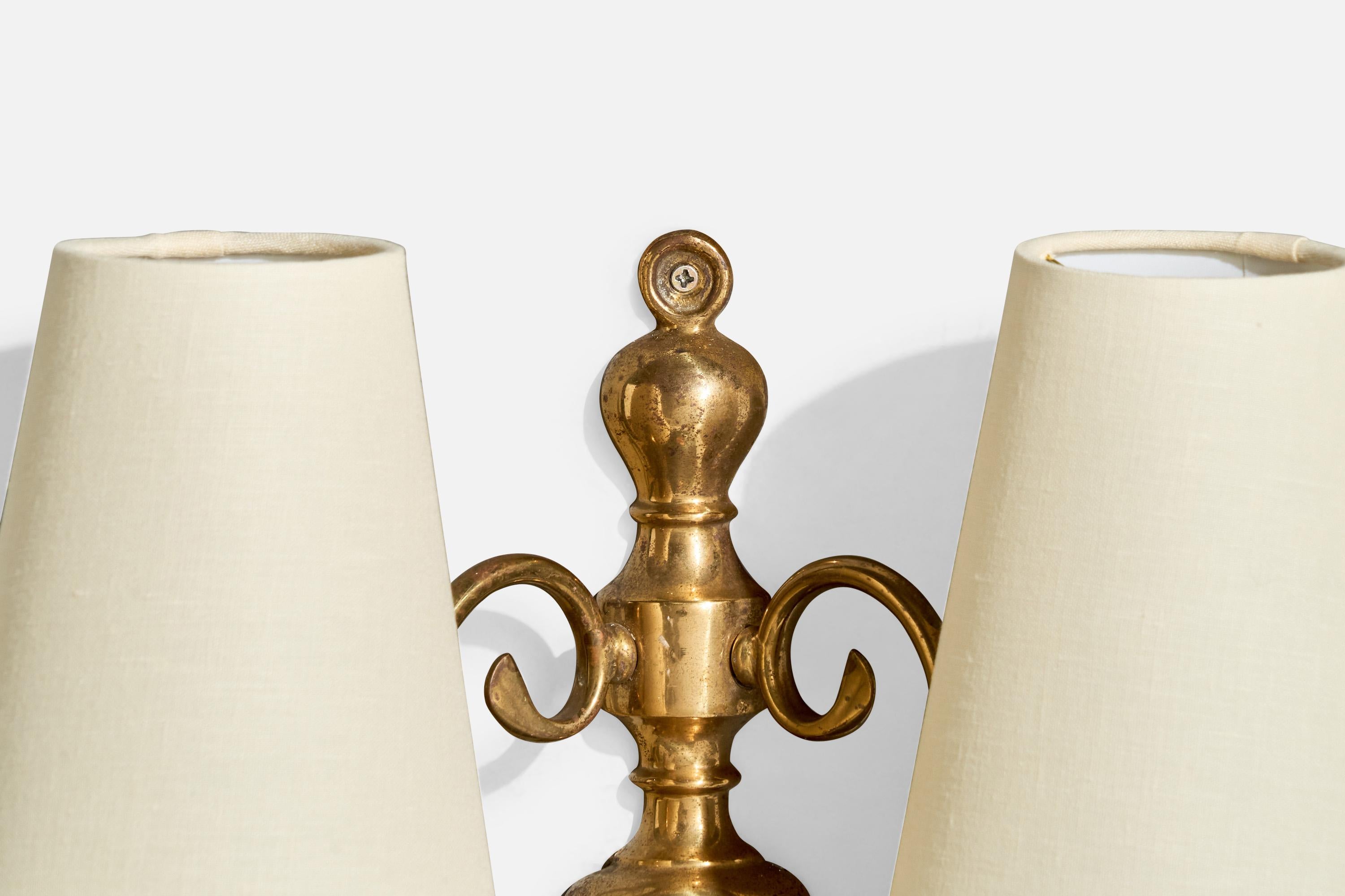 French Designer, Wall Lights, Brass, Fabric, France, 1960s For Sale 1